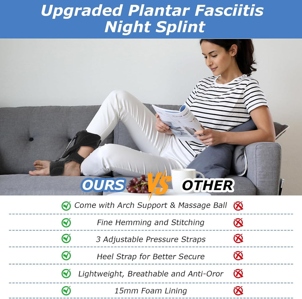 Plantar Fasciitis Night Splint with 3-Strap Support, Adjustable Dorsal Brace

