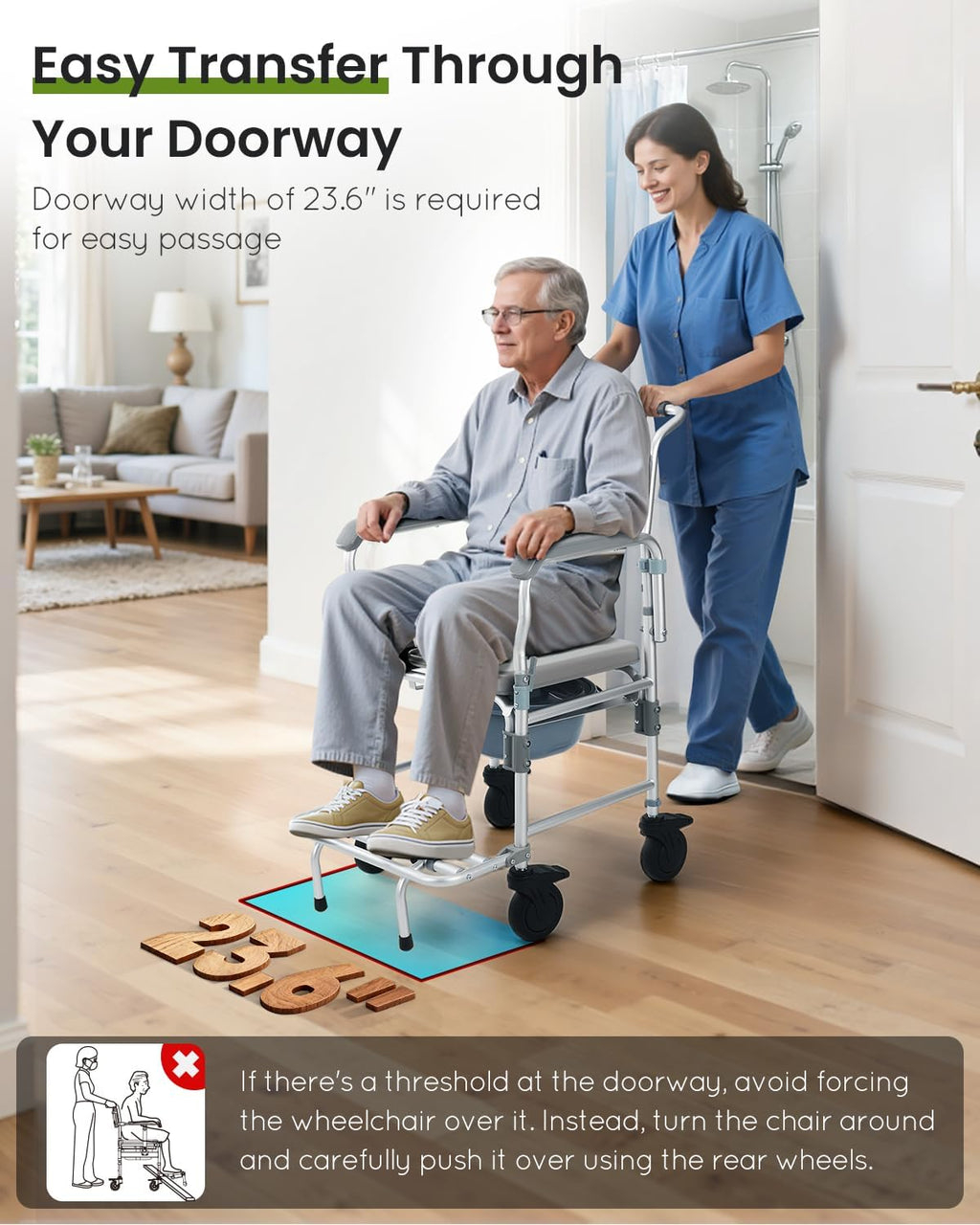 Shower Chair with Wheels, Commode Wheelchair with Flip-Up Arms and Safety Straps

