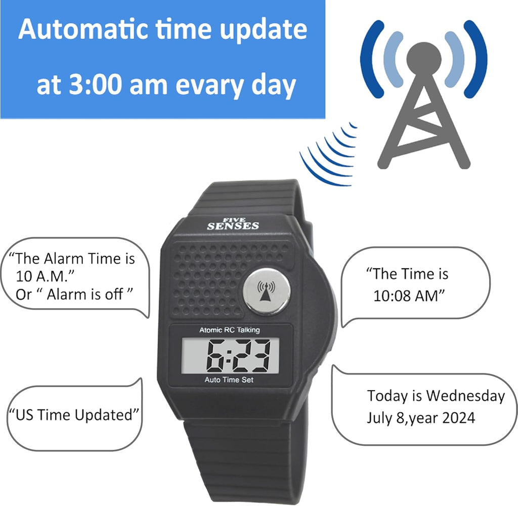 Five Senses English Atomic Talking Watch, Loud Audible Timepiece for Vision Impaired

