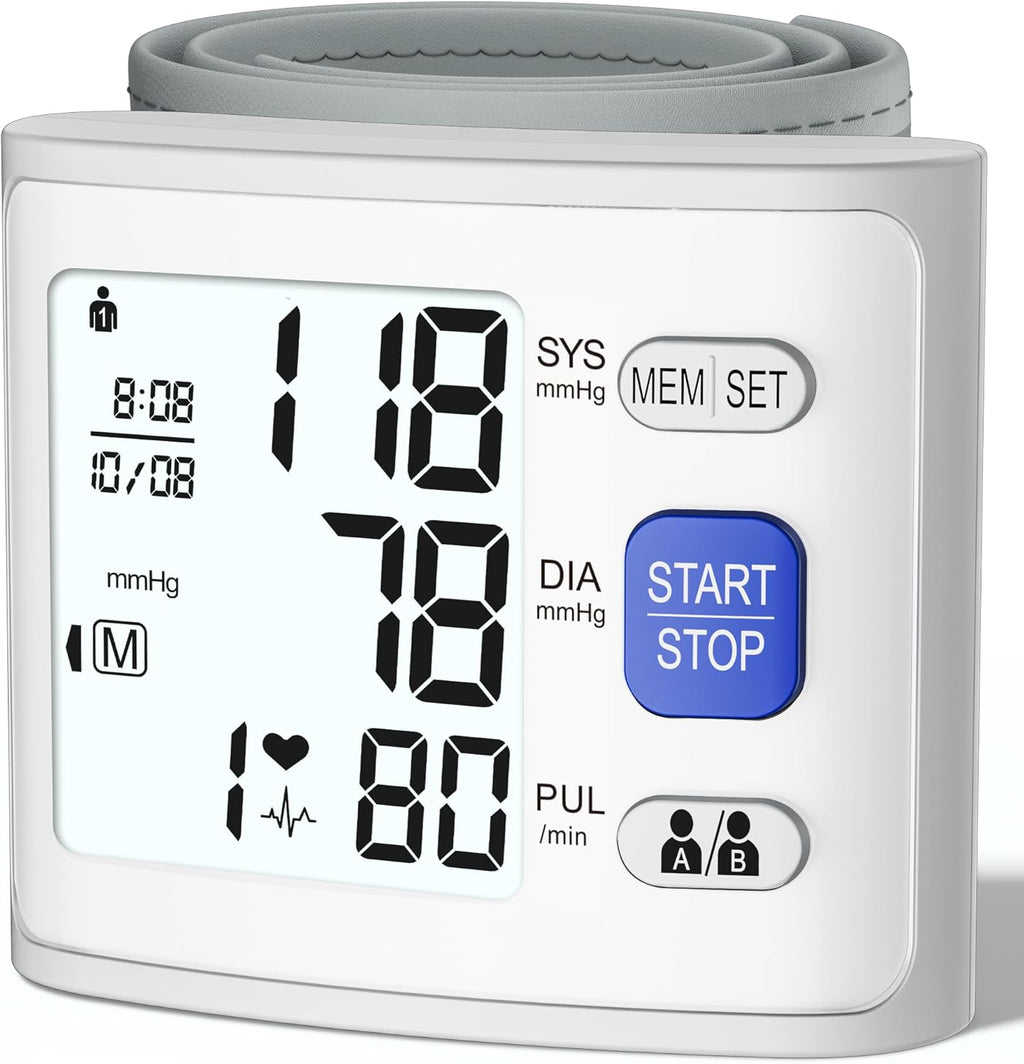 Wrist Blood Pressure Monitor LCD Display, Adjustable Cuff, Heart Rate Meter

