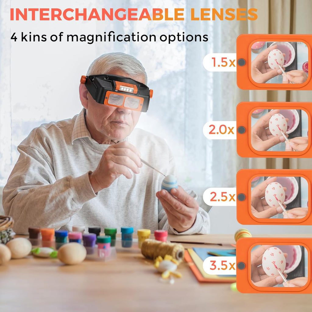 Rechargeable Headband Magnifier with Light, 4-Lens Loupe Visor for Close Work

