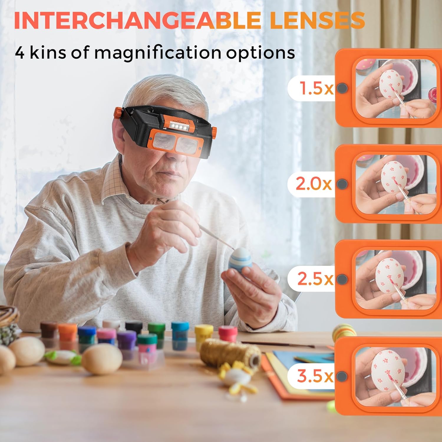 Rechargeable Headband Magnifier with Light, 4-Lens Loupe Visor for Close Work

