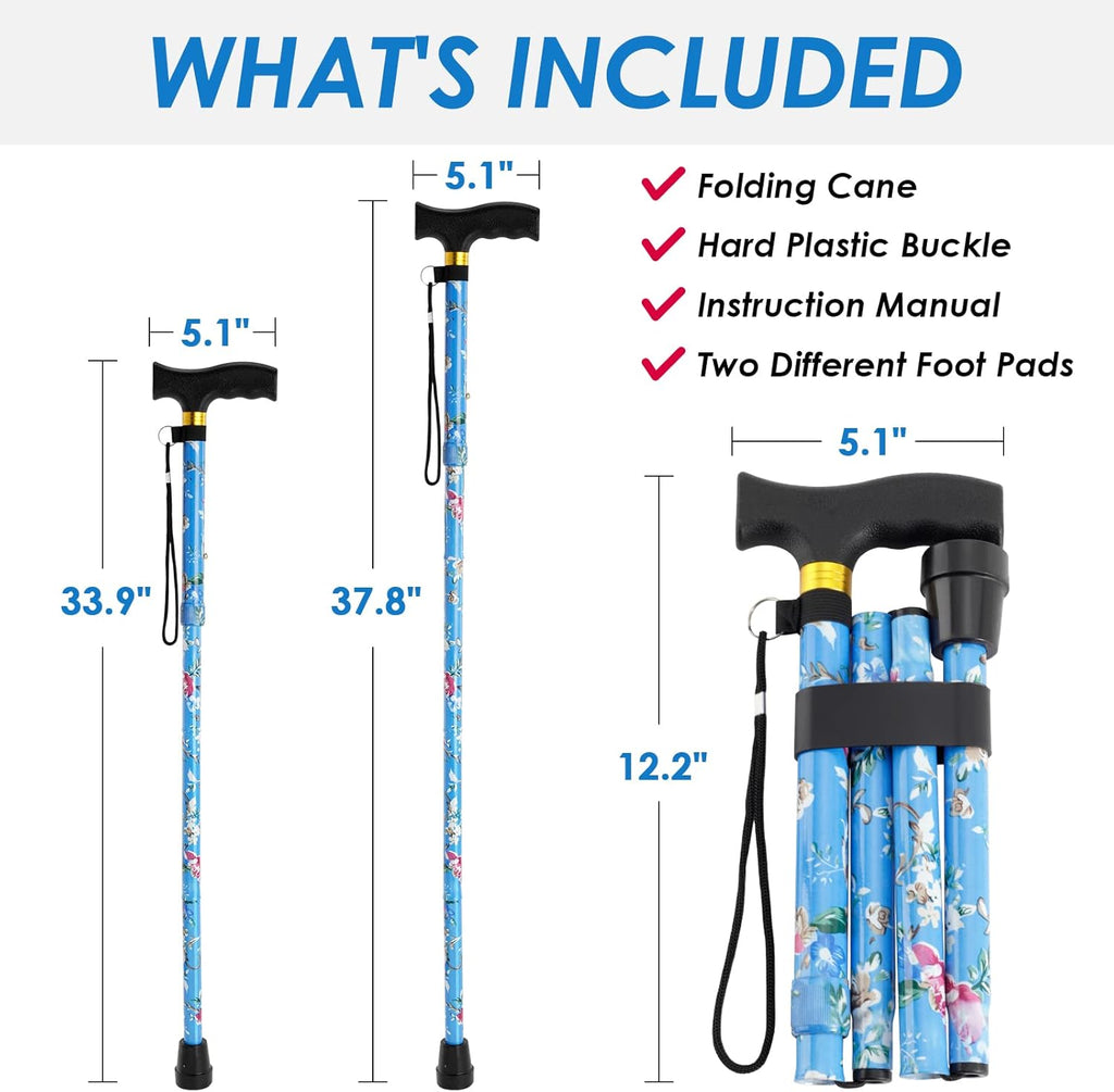 PANZHENG Folding Walking Stick, 5-Level Height Adjustable T-Handle Mobility Aid

