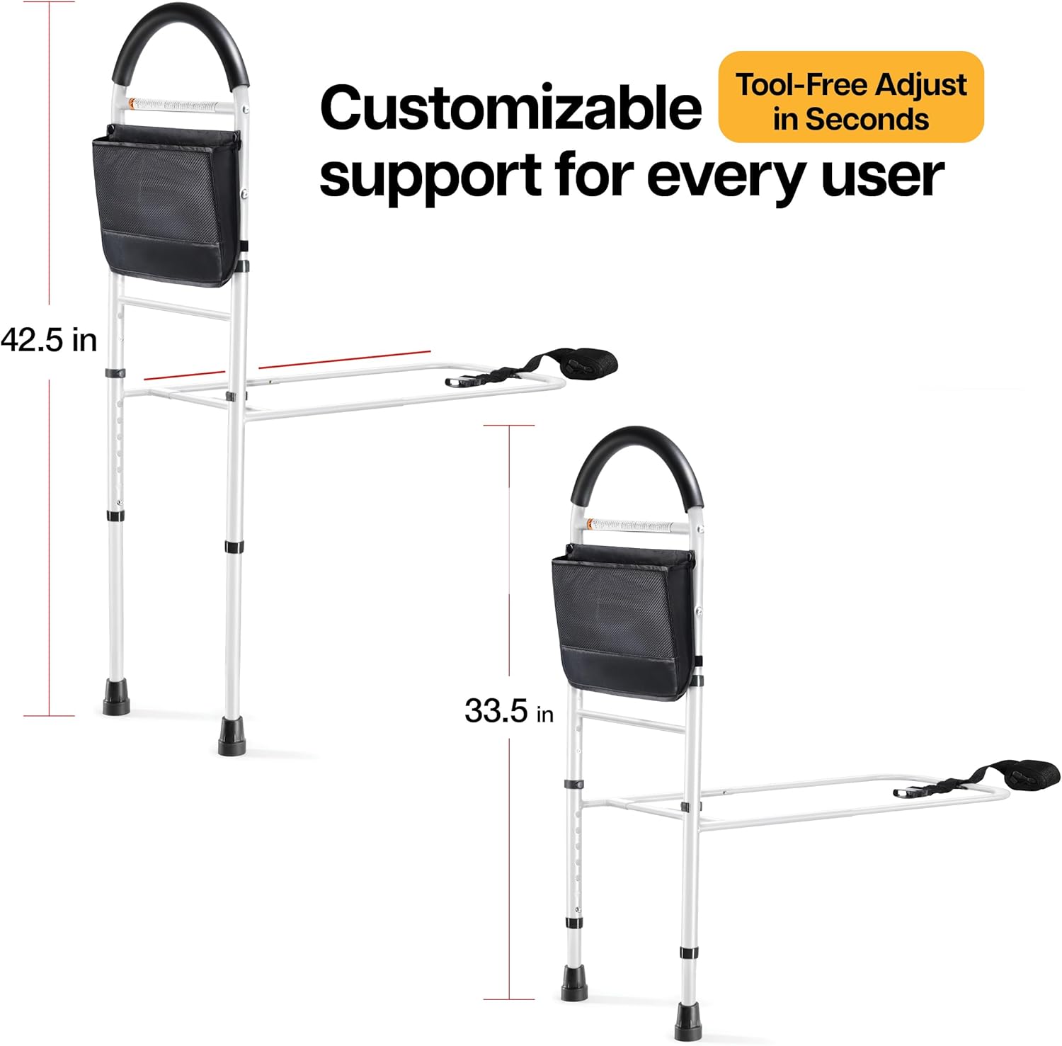 Bed Assist Rail for Seniors with Adjustable Height, Storage Pocket, and Floor Support

