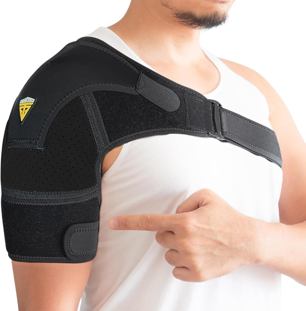 FIGHTECH Adjustable Neoprene Shoulder Brace Rotator Cuff Compression Sleeve Ice Pack Pocket

