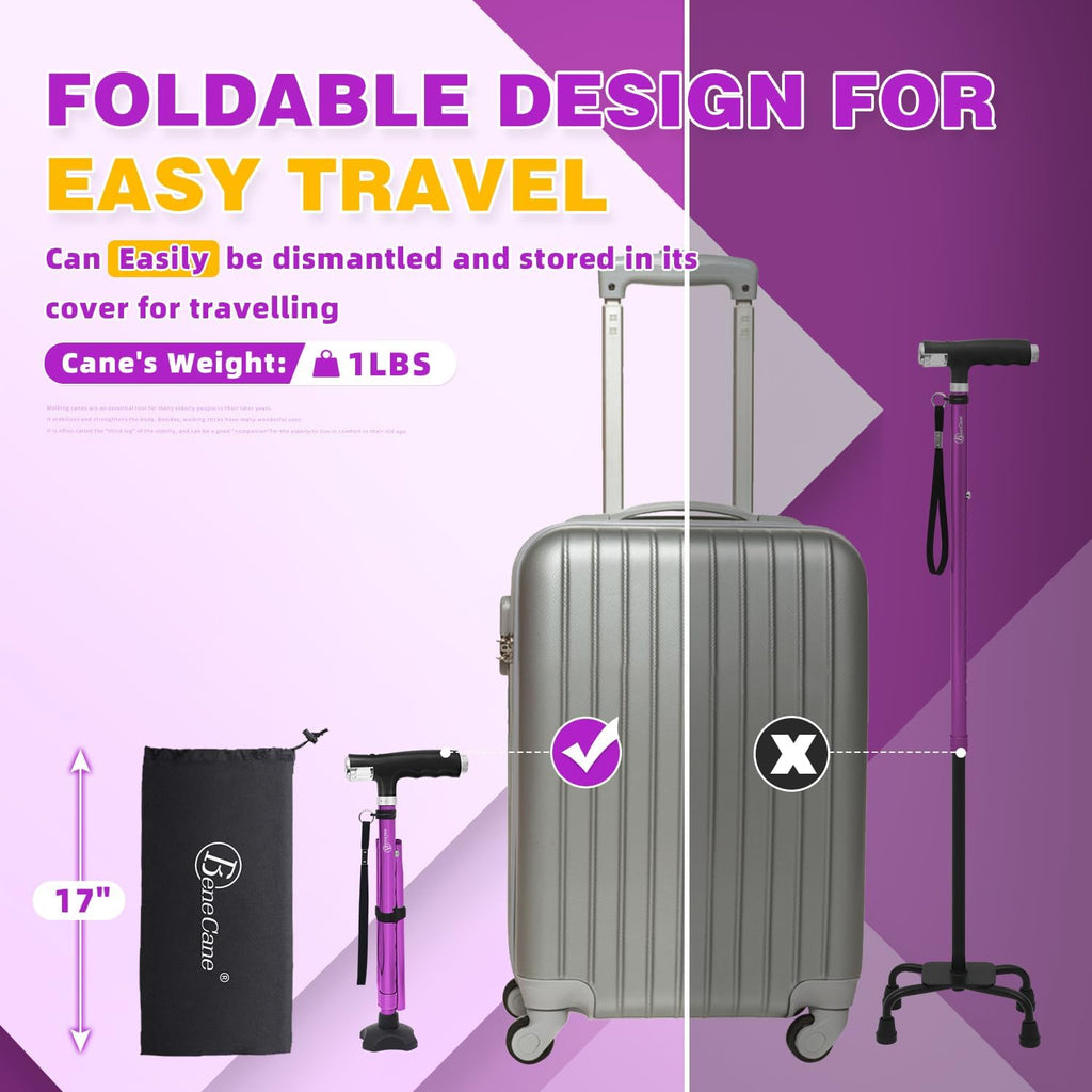 BeneCane Folding Walking Cane, Quad Base with Two LED Lights, Adjustable Stick

