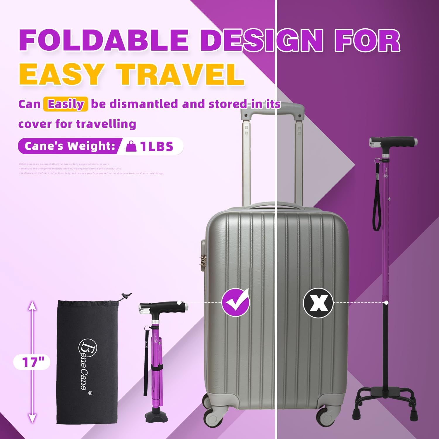 BeneCane Folding Walking Cane, Quad Base with Two LED Lights, Adjustable Stick

