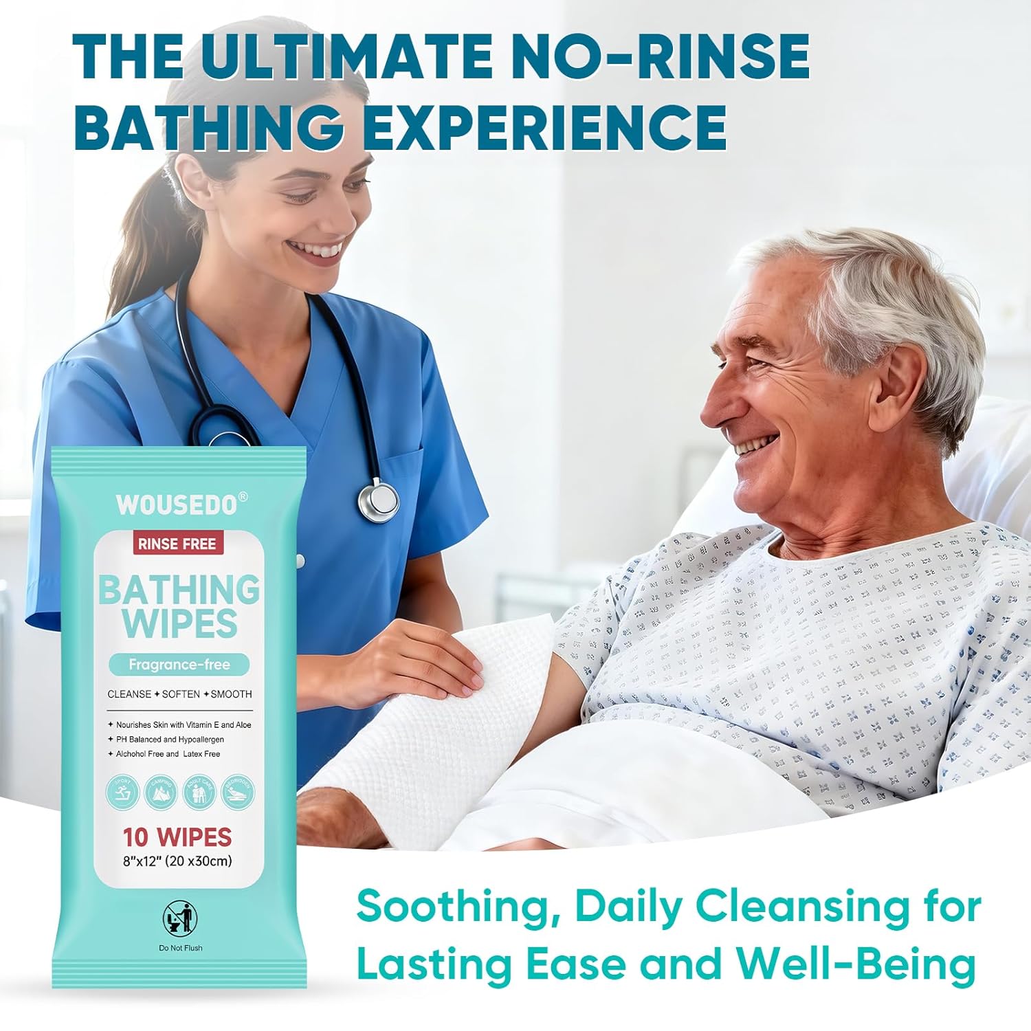 No Rinse Bathing Wipes for Adults, Extra Thick Disposable Shower Wipes, Hypoallergenic

