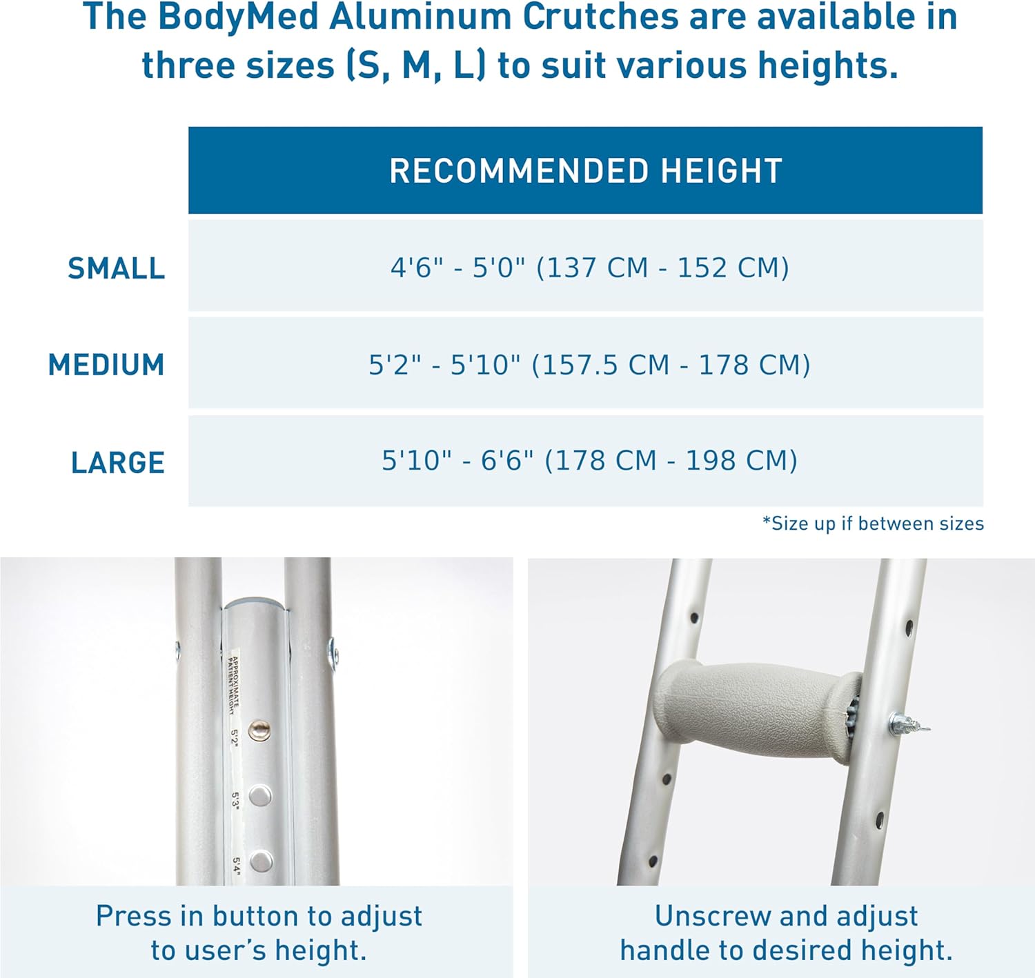 BodyMed Aluminum Crutches for Adults and Children, Pair Height Adjustable, 300 lb

