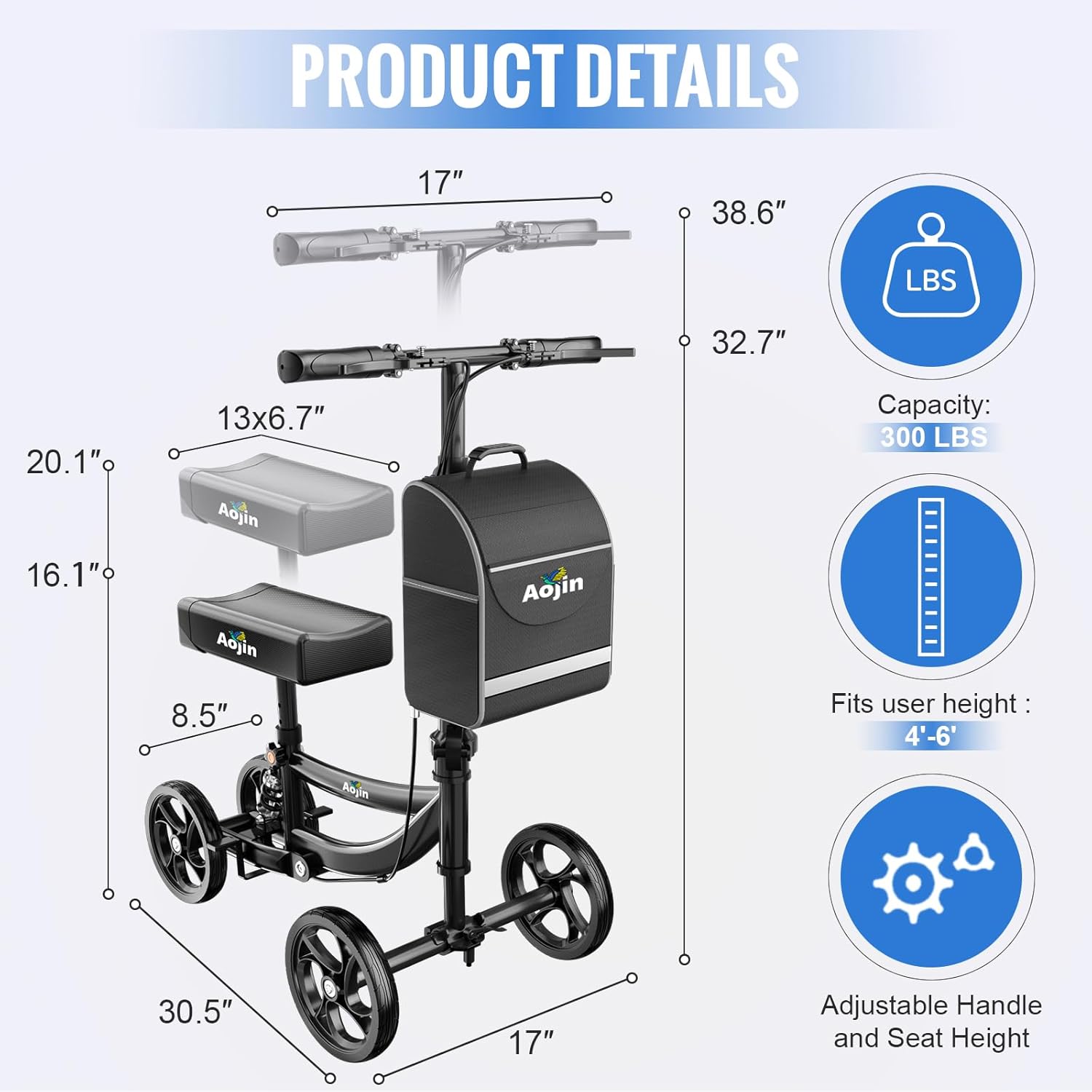 Aojin Foldable All-Terrain Knee Scooter Walker for Adults, 300 lb Capacity Bag

