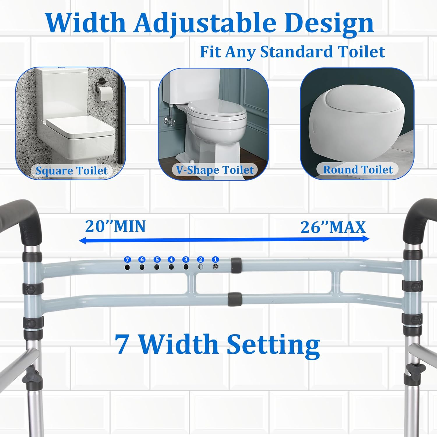 Toilet Safety Rails for Seniors, Adjustable Foldable Handle Frame, 300 lb, Suction

