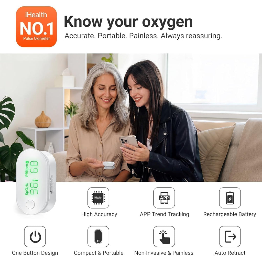 iHealth Rechargeable Fingertip Pulse Oximeter with Bluetooth App Trend Tracking

