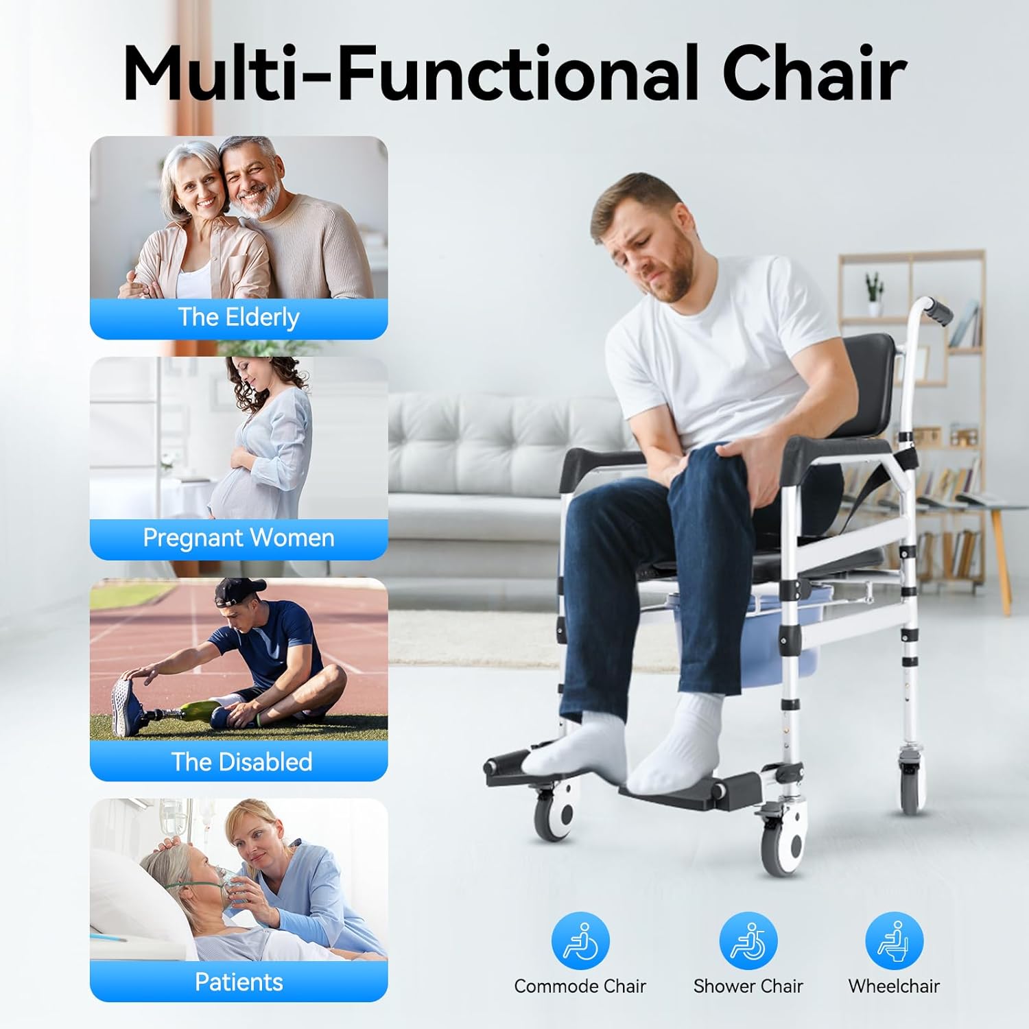 Shower Chair with Wheels and Arms, Adjustable Height Folding Commode Chair

