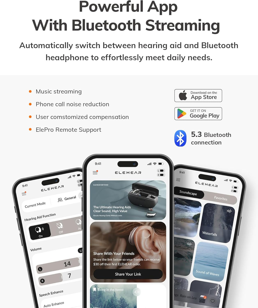 ELEHEAR-Beyond OTC Hearing Aids, AI Speech Enhancement, Bluetooth 5.3, Rechargeable

