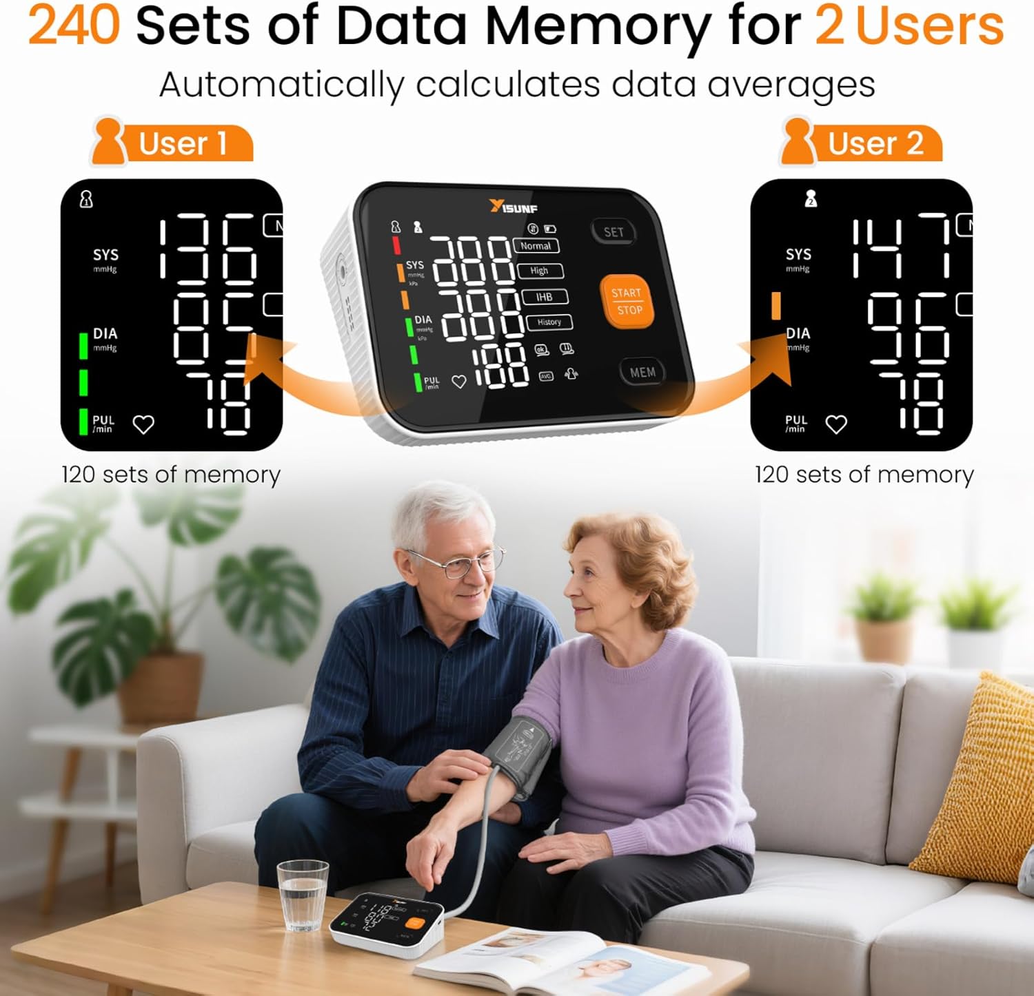 YISUNF Upper Arm Blood Pressure Monitor for Home Use, Backlit Dual-User 240-Set

