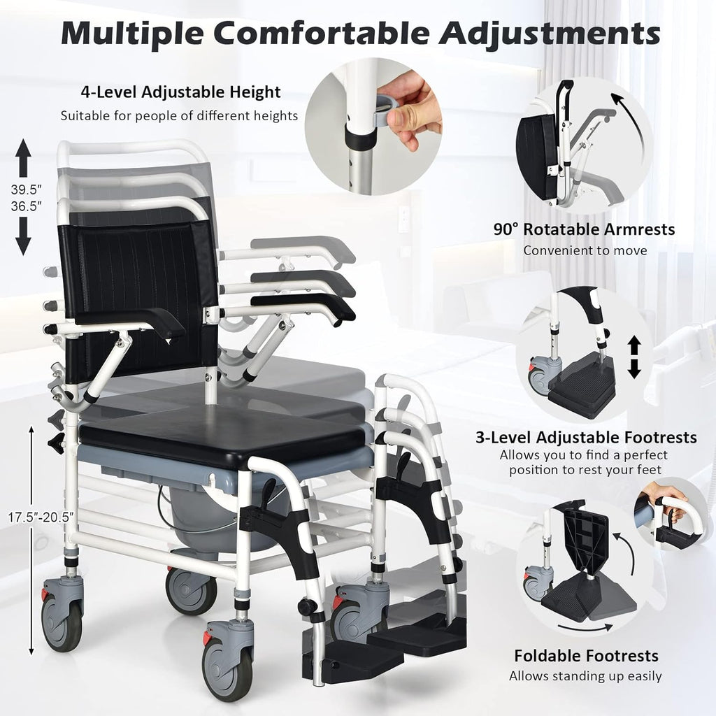 Giantex 4-in-1 Bedside Commode Shower Wheelchair Chair with Arms and Locking Wheels

