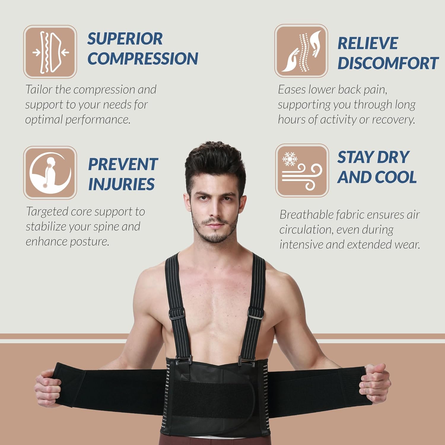 NeoTech Care Back Brace with Suspenders for Work, Lumbar Support Elastic Compression

