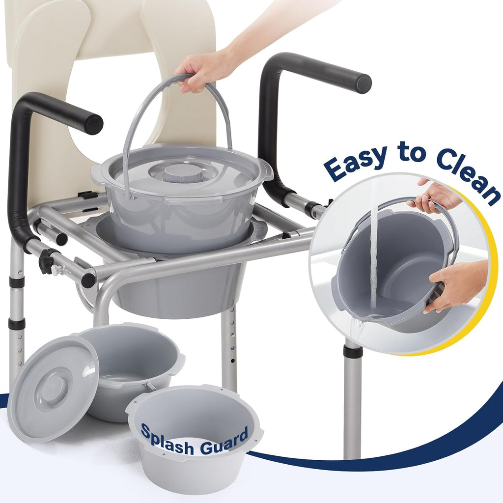 Drop-Arm Bedside Commode with Padded Seat and Backrest, 400 lb Portable Toilet

