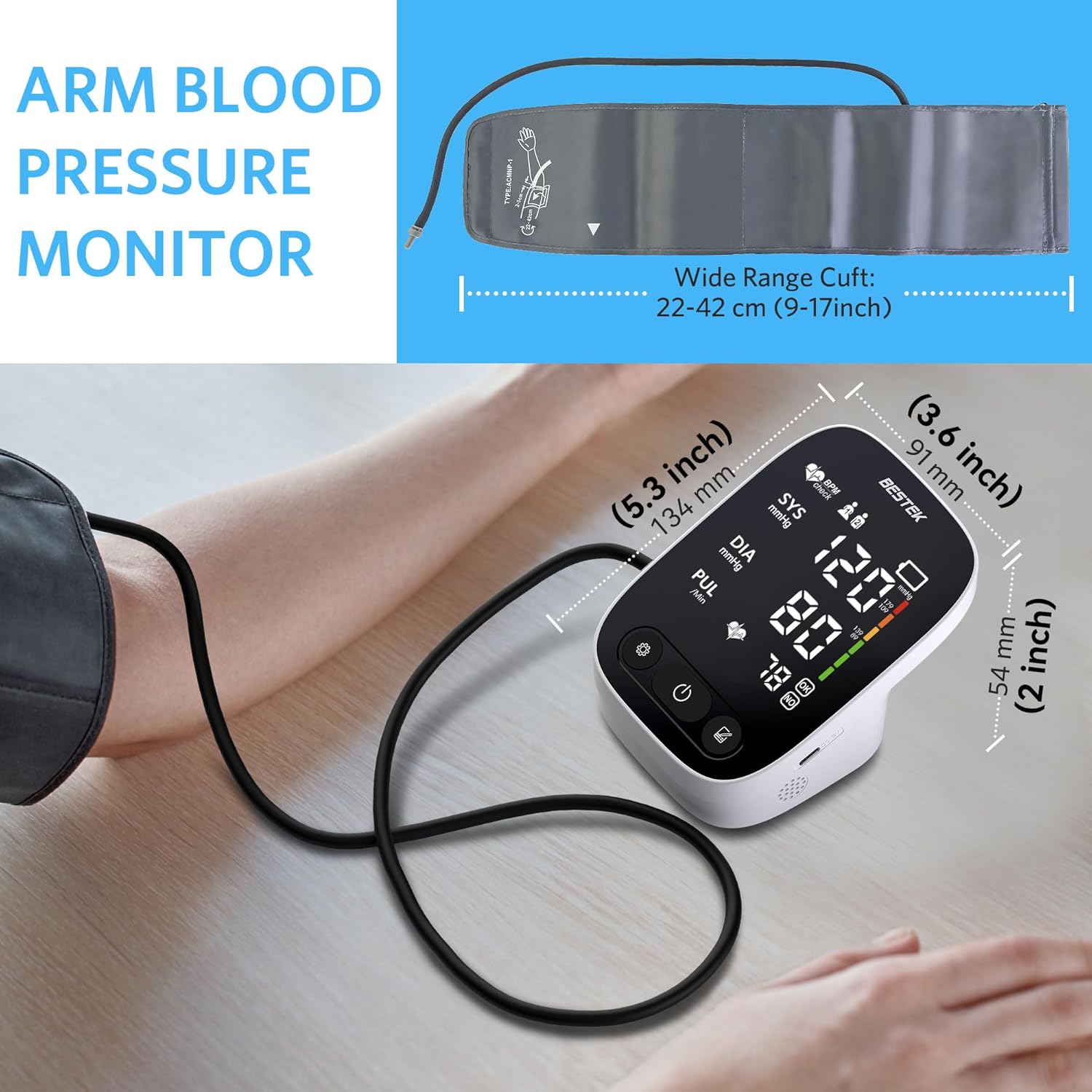 BESTEK Automatic Arm Blood Pressure Monitor, Digital LED Voice BP Cuff

