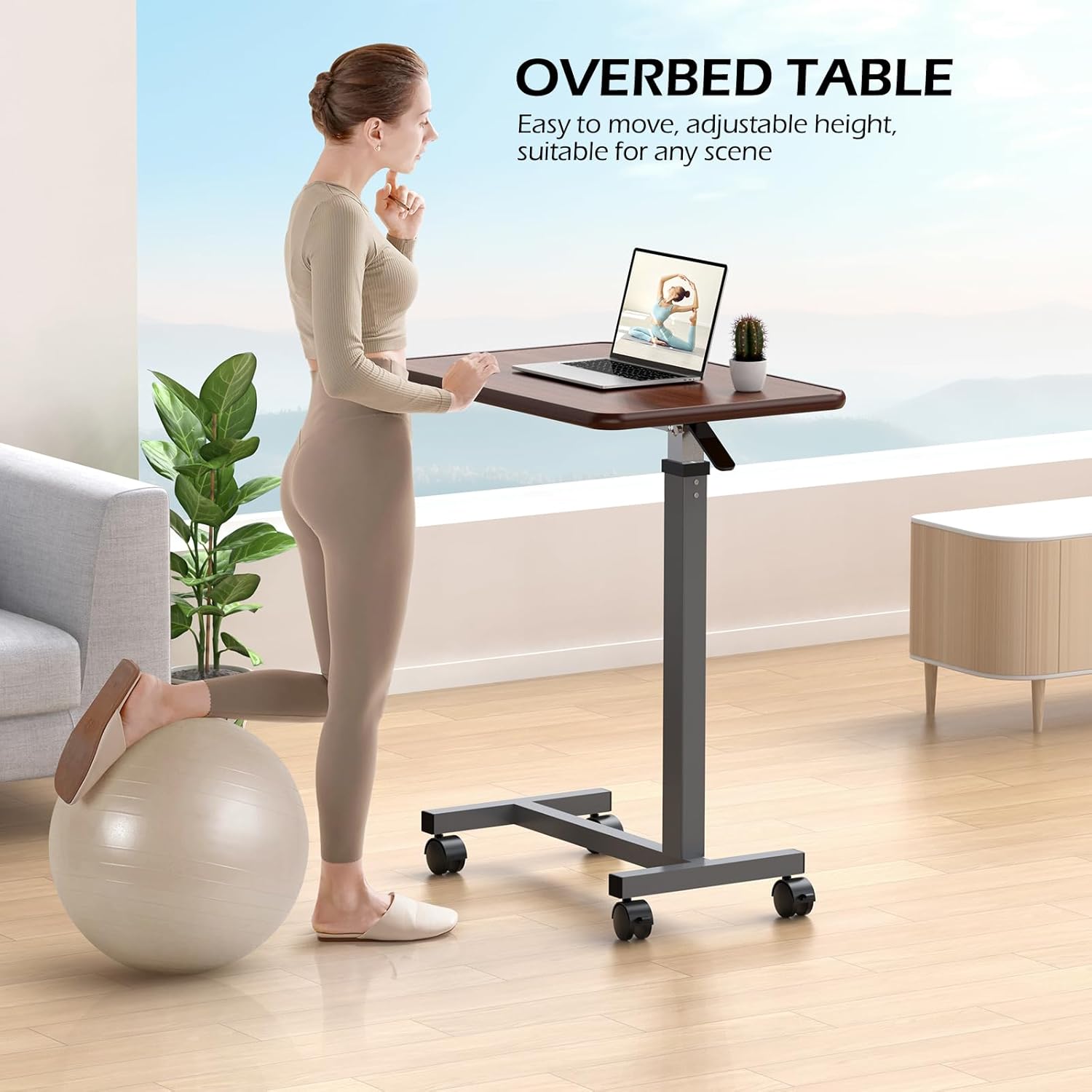 WOTURE Adjustable Overbed Table with Wheels, Pneumatic Height, Bed Tray

