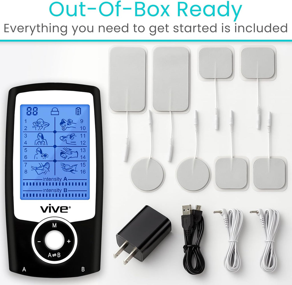 Vive TENS Unit Muscle Stimulator with Self-Sticking Electrode Pads

