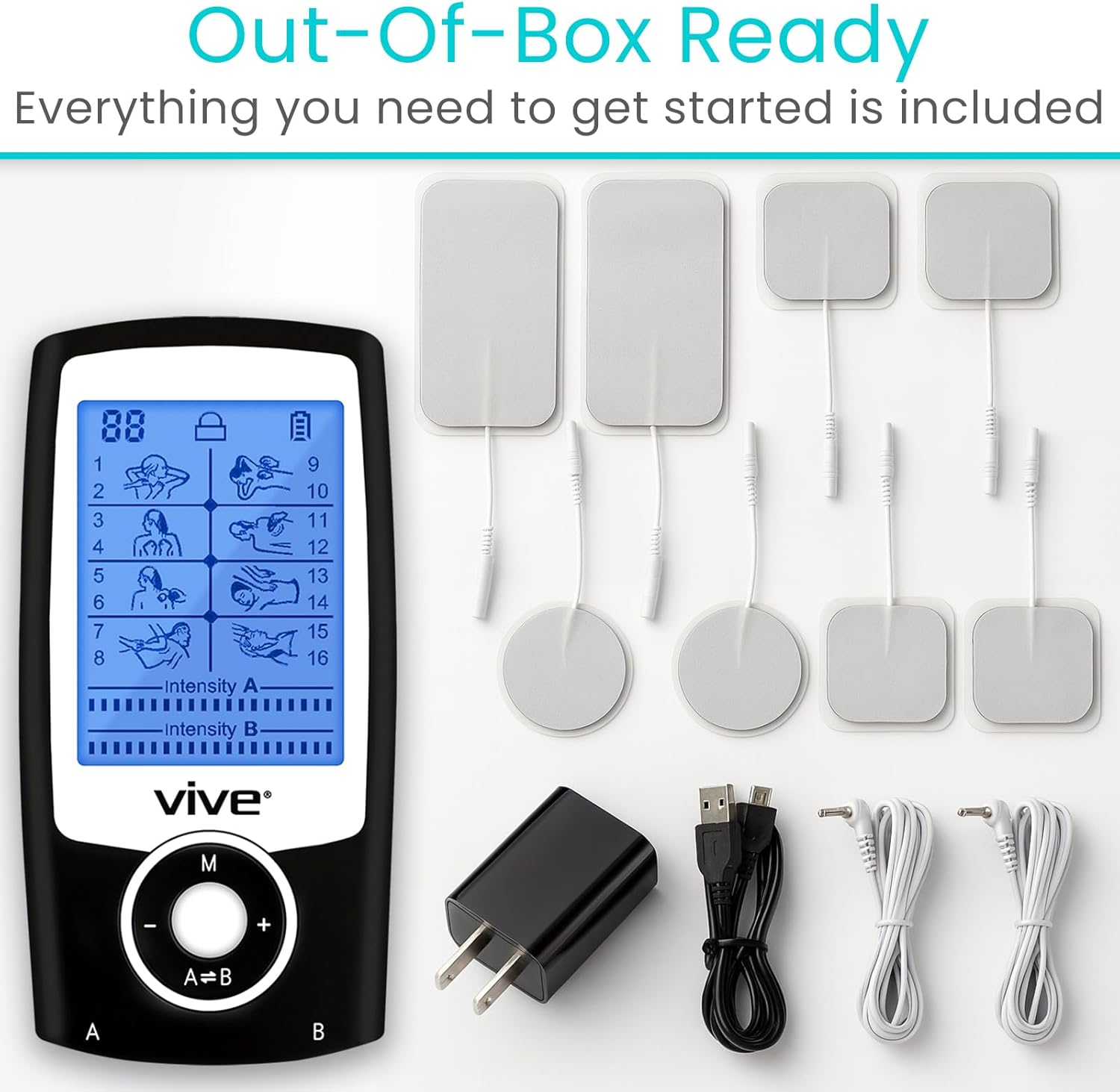Vive TENS Unit Muscle Stimulator with Self-Sticking Electrode Pads

