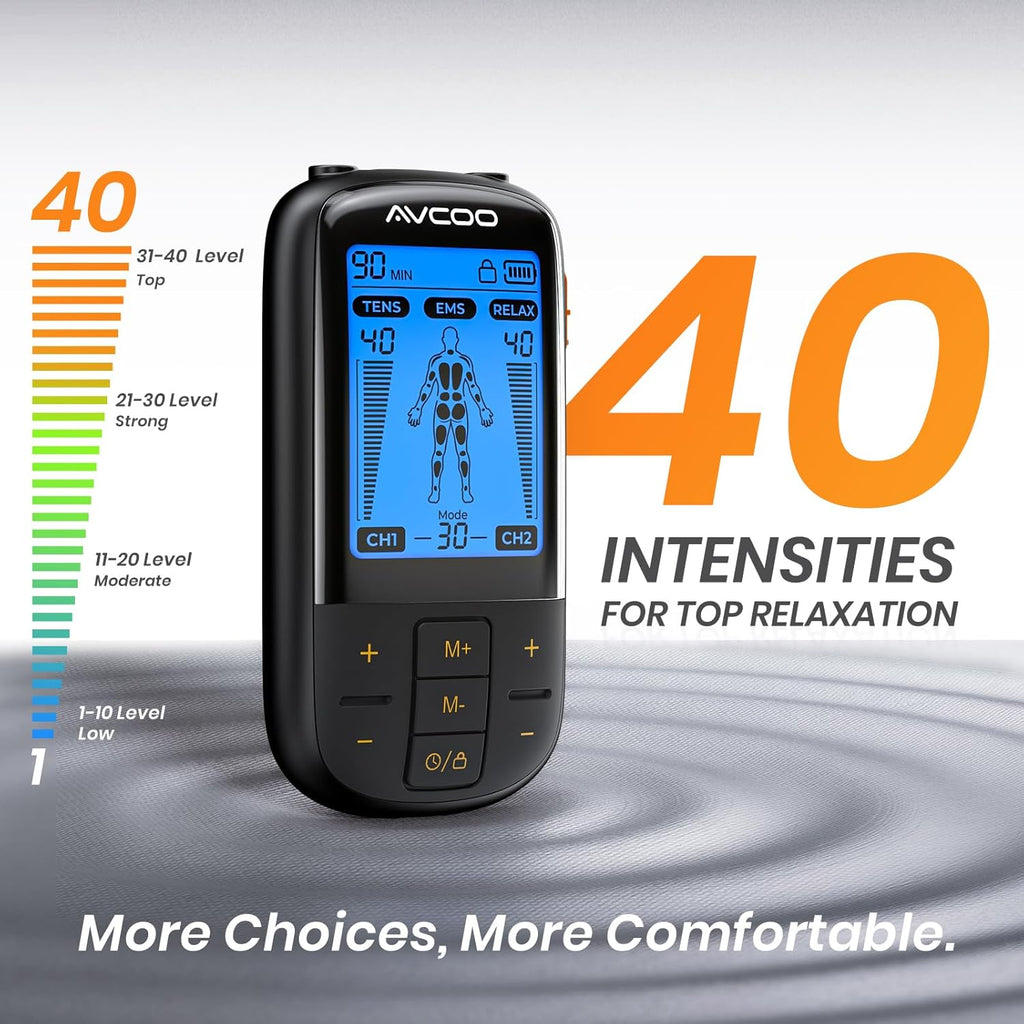 AVCOO 3-in-1 TENS EMS Relax Muscle Stimulator Unit with Rechargeable Pads

