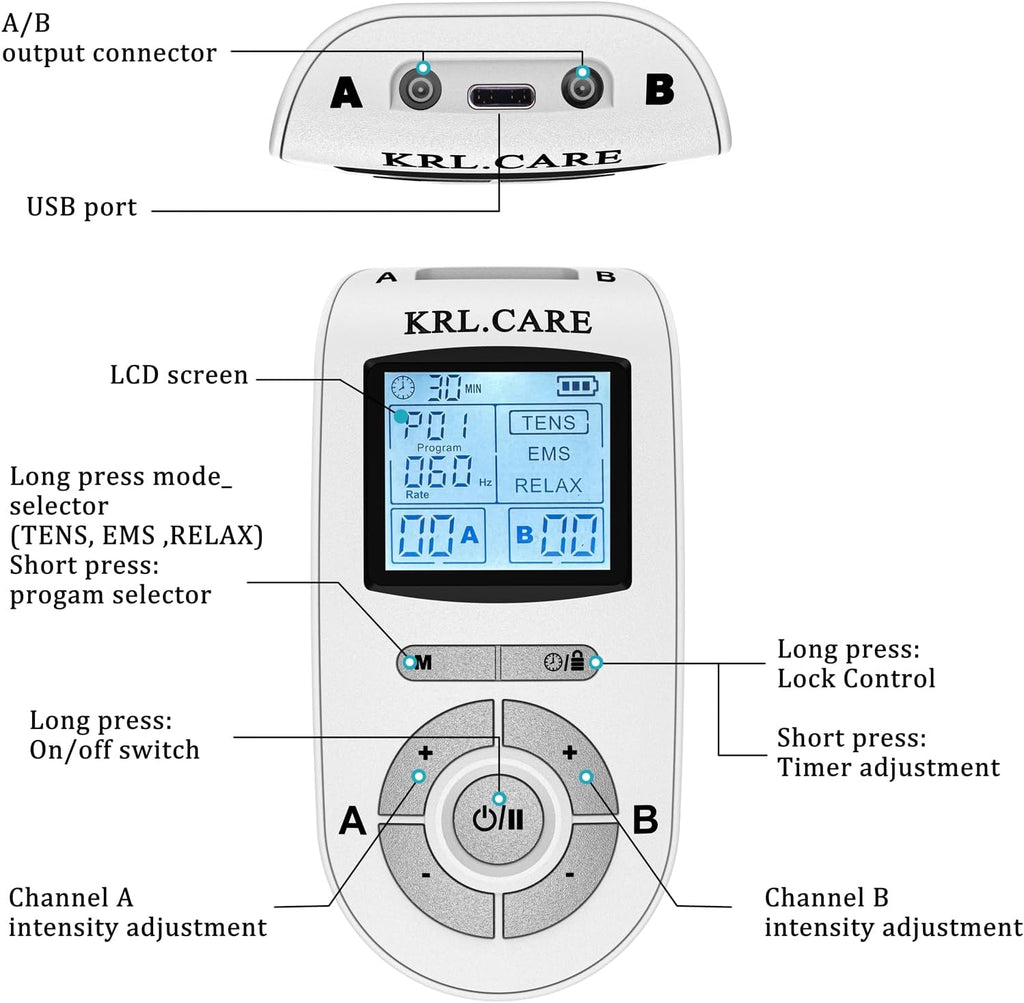 KRL.CARE Dual Channel TENS EMS Unit Muscle Stimulator with 8 Pads and 24 Modes

