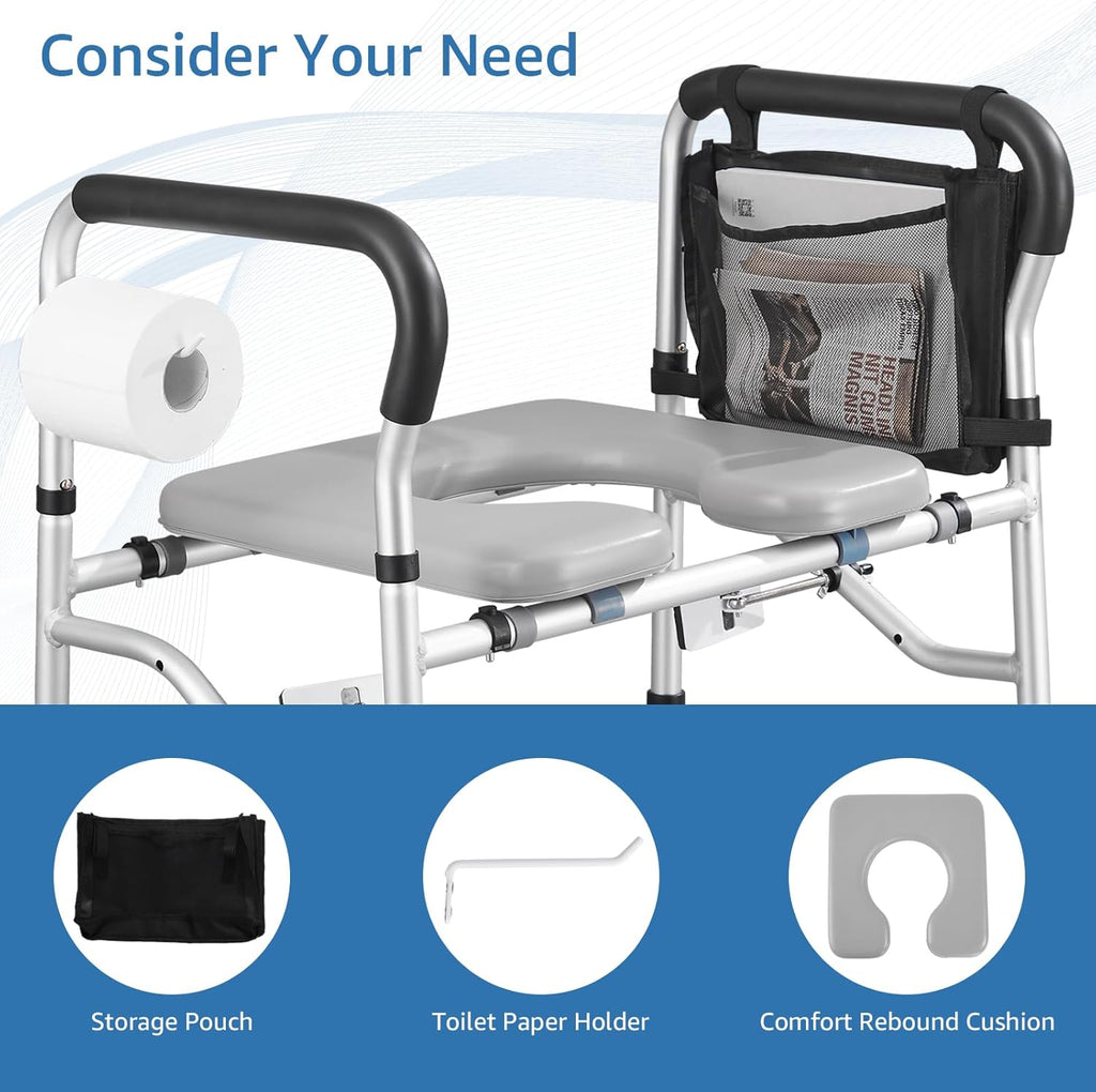 Raised Toilet Seat with Handles, Adjustable Height Padded Commode Seat 400 lb


