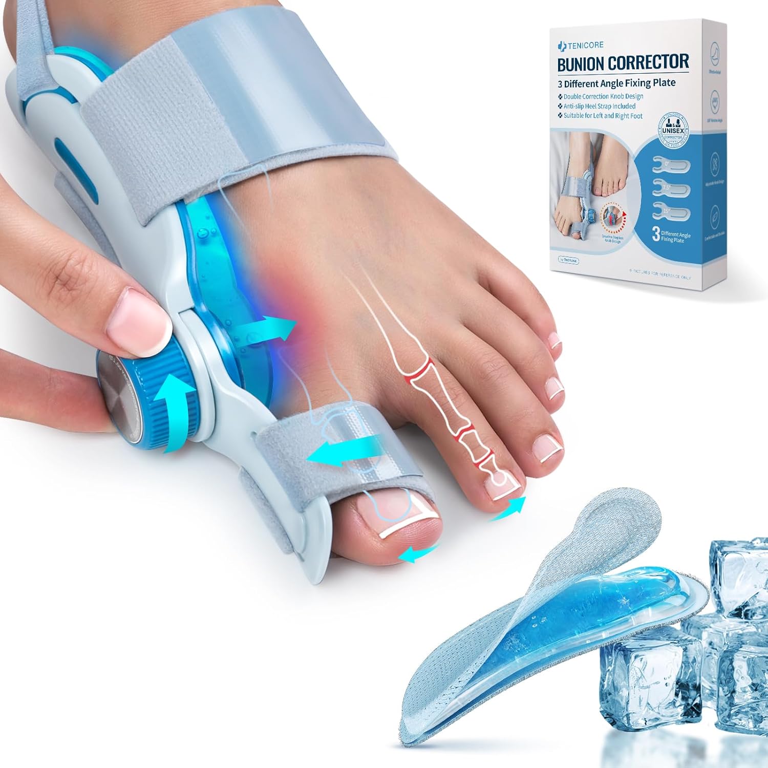 Bunion Corrector for Big Toe Hallux Valgus with Cold Compress Pad and Adjustable Knob

