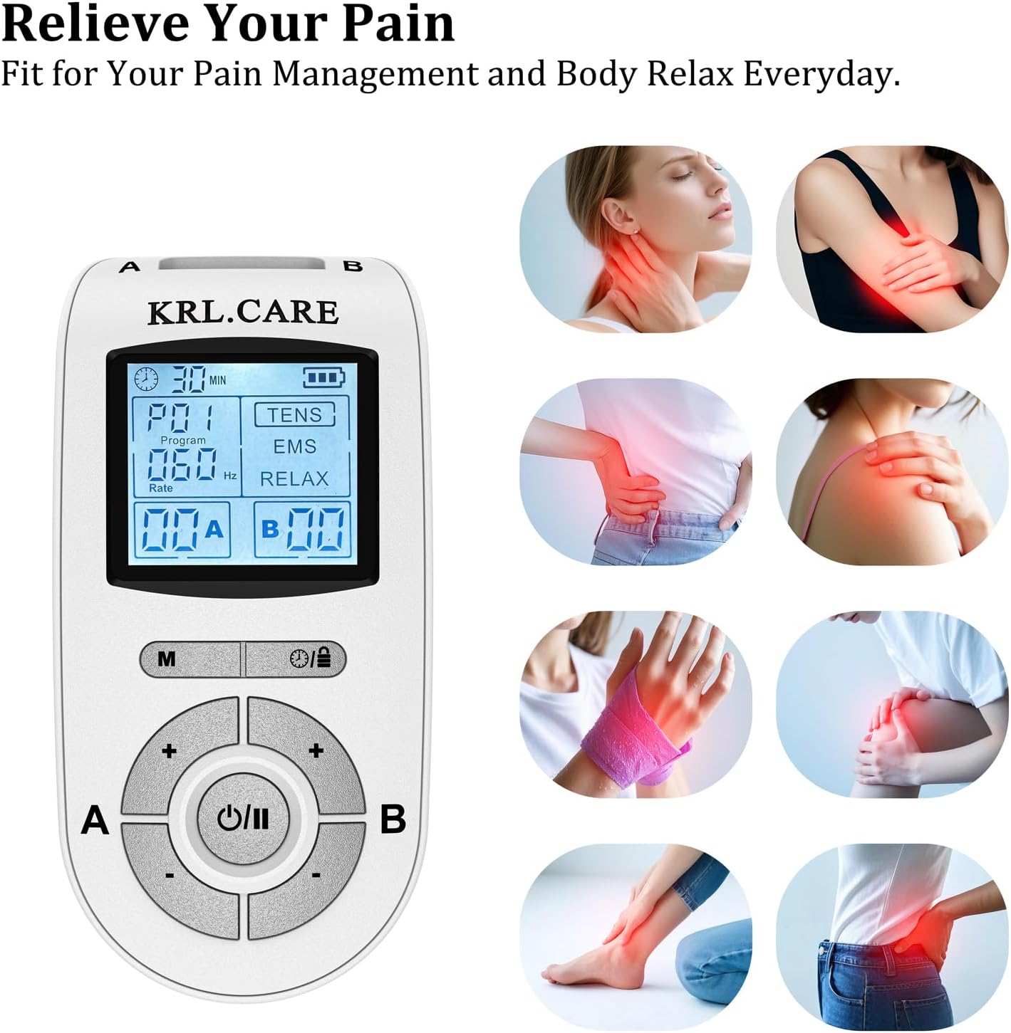 KRL.CARE Dual Channel TENS EMS Unit Muscle Stimulator with 8 Pads and 24 Modes

