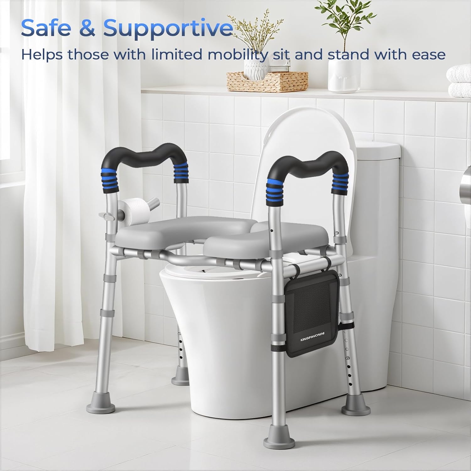 KingPavonini Raised Toilet Seat with Handles, Adjustable Height, Padded Cushion

