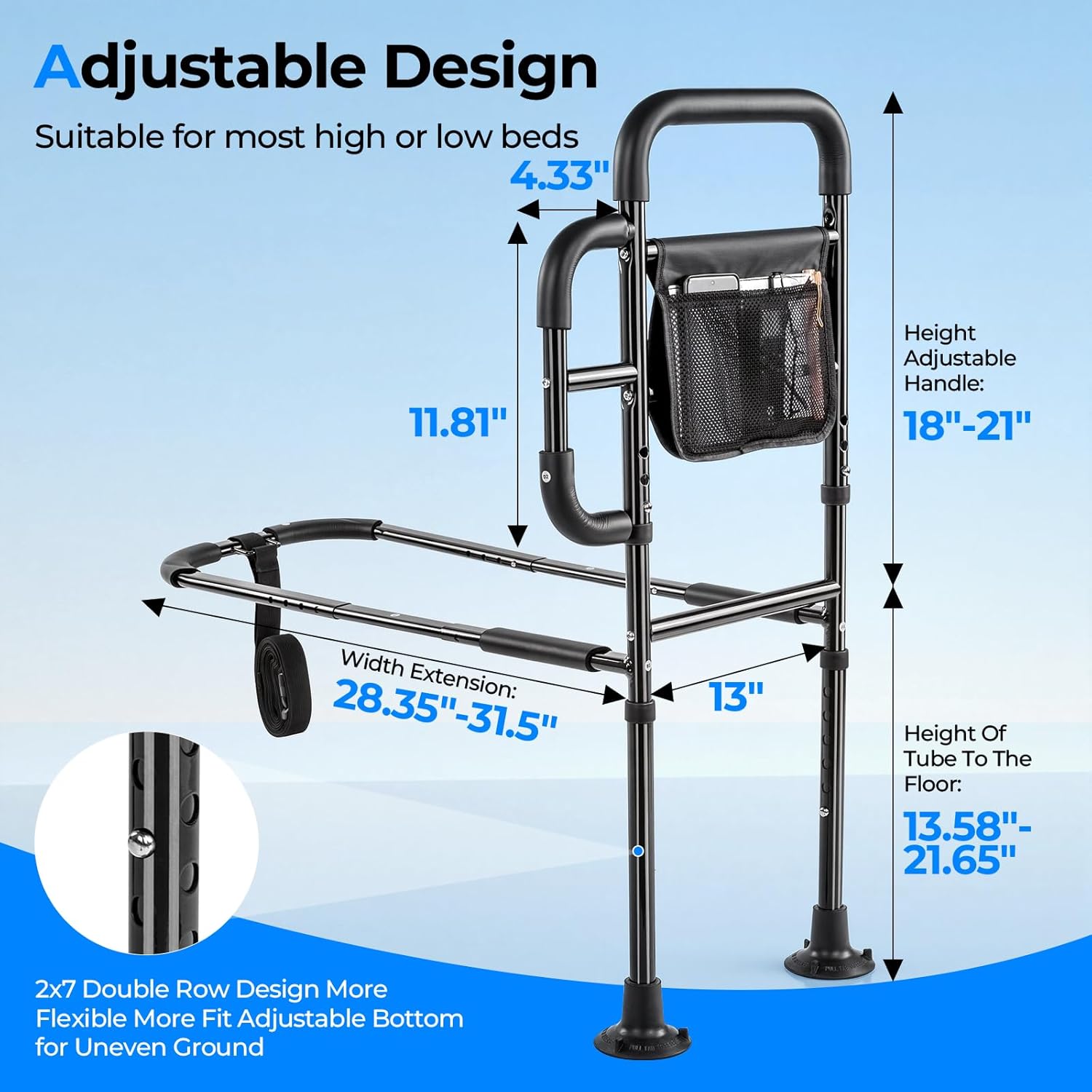 Portable Bed Assist Rail for Seniors, Non-Slip Grab Bar with Storage Pouch

