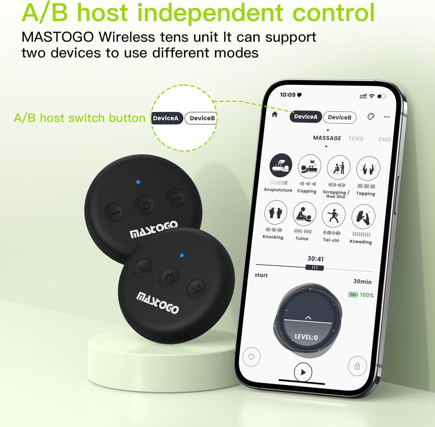 MASTOGO Wireless TENS Unit Dual-Host Muscle Stimulator with App Control, Rechargeable

