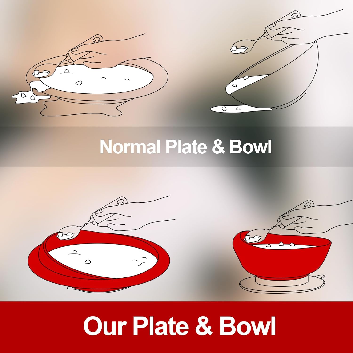 Hushee Adaptive Spill Proof Scoop Bowl and Plate Set with Suction Base


