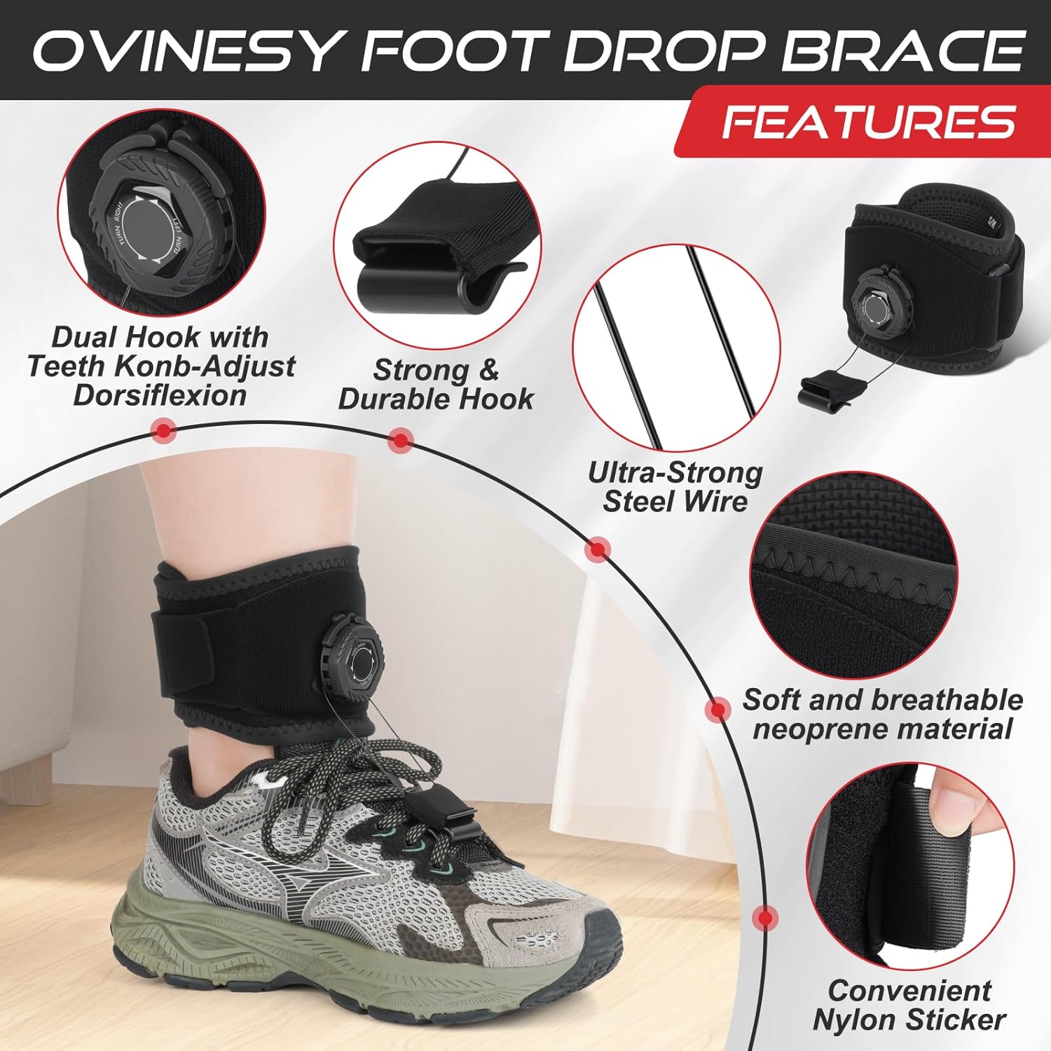 OVINESY AFO Foot Drop Brace for Walking with Shoes, Adjustable Dorsiflexion Support

