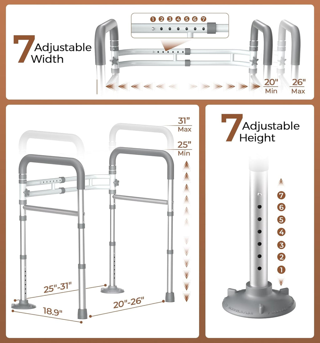 Soundfuse Adjustable Foldable Toilet Safety Rails for Seniors, 350 lb Capacity

