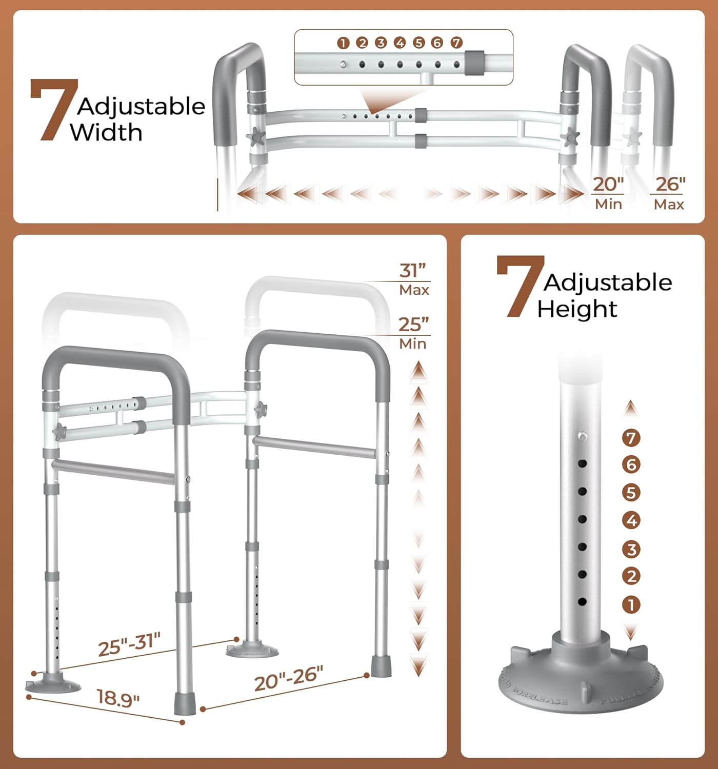 Soundfuse Adjustable Foldable Toilet Safety Rails for Seniors, 350 lb Capacity

