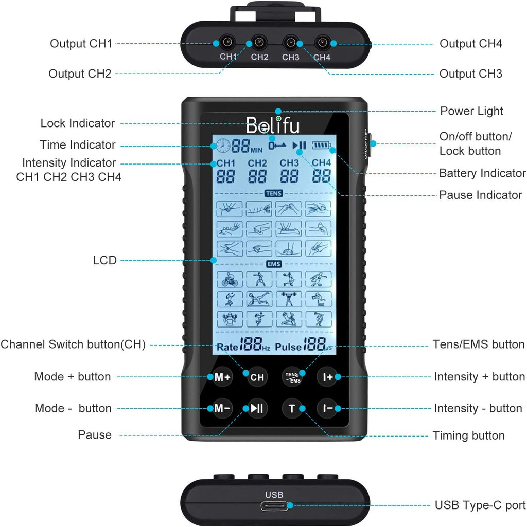 Belifu 4-Channel TENS EMS Muscle Stimulator Unit, Rechargeable Electric Pulse Massager

