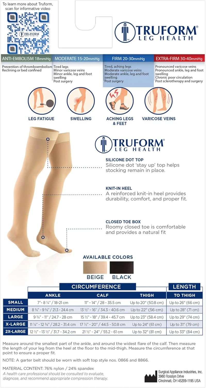 Truform 20-30 mmHg Compression Stockings, Thigh High Dot Top Closed Toe

