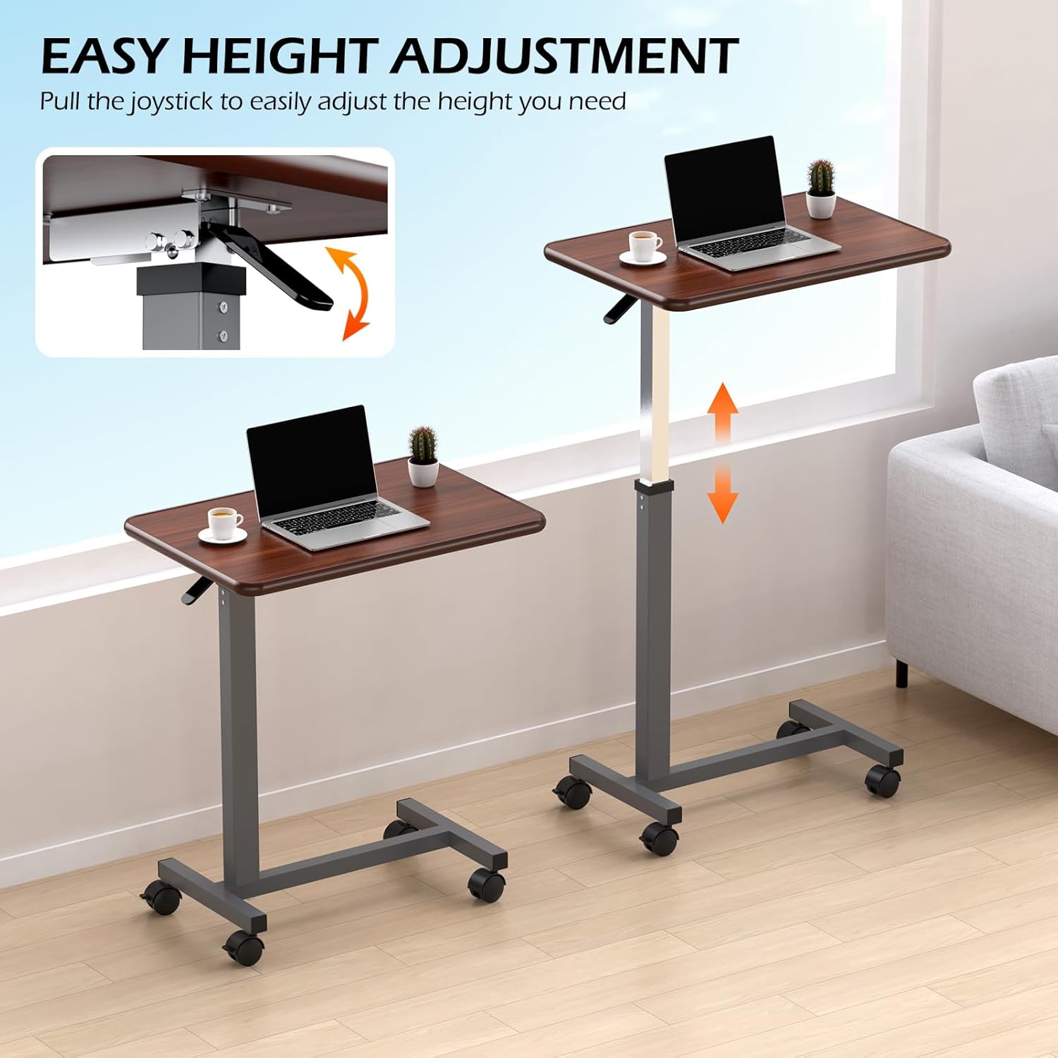 WOTURE Adjustable Overbed Table with Wheels, Pneumatic Height, Bed Tray

