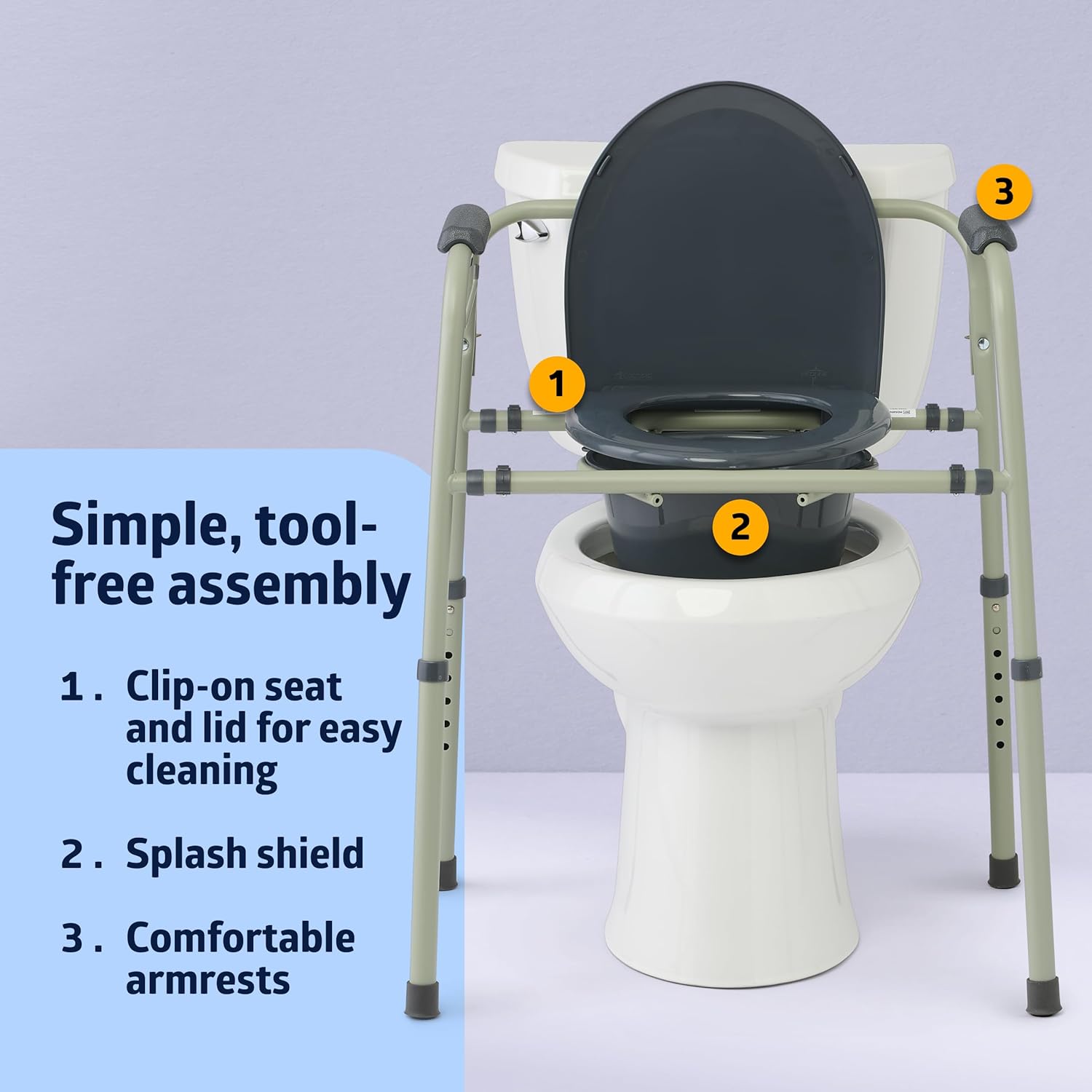 Medline 3-in-1 Steel Bedside Commode with Microban Protection, Portable Toilet Chair


