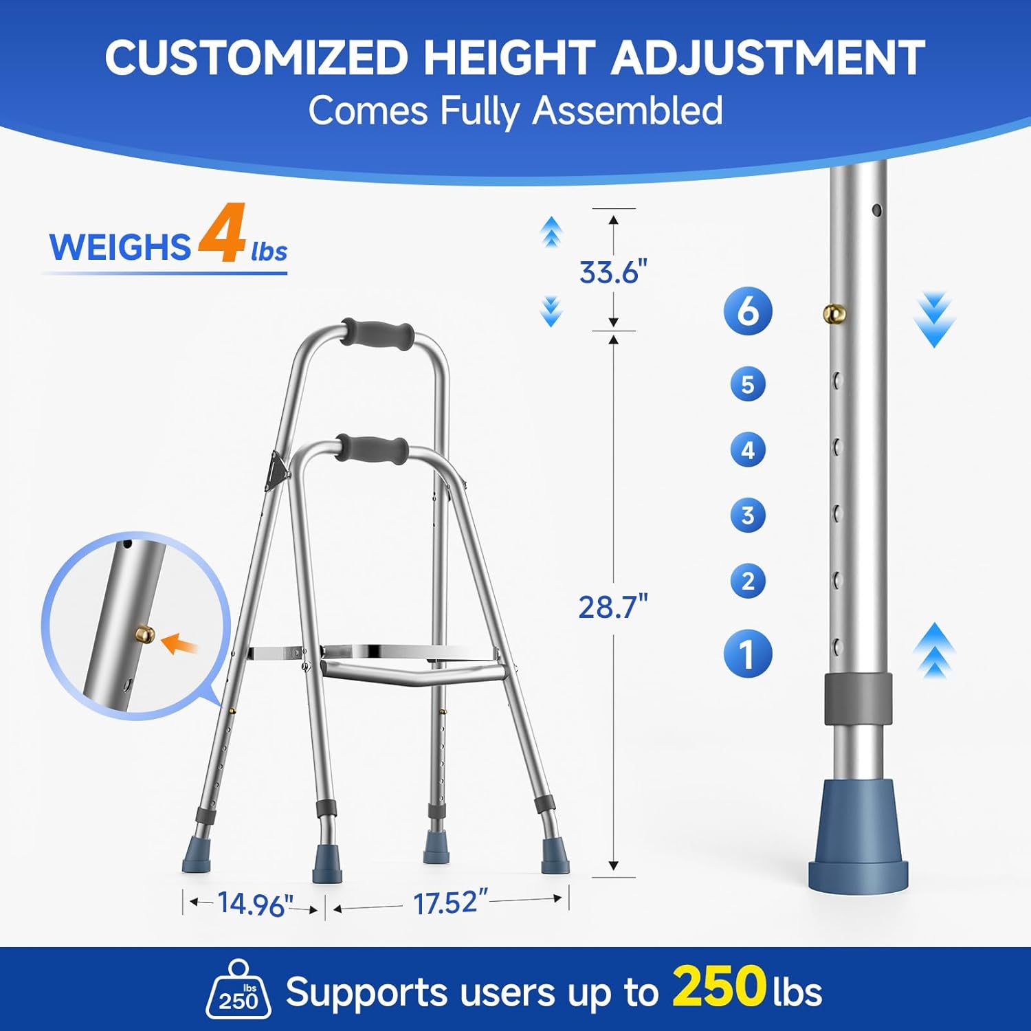 Loyoda One-Arm Hemi Walker Adjustable-Height Folding Aluminum Walker, 250 lb

