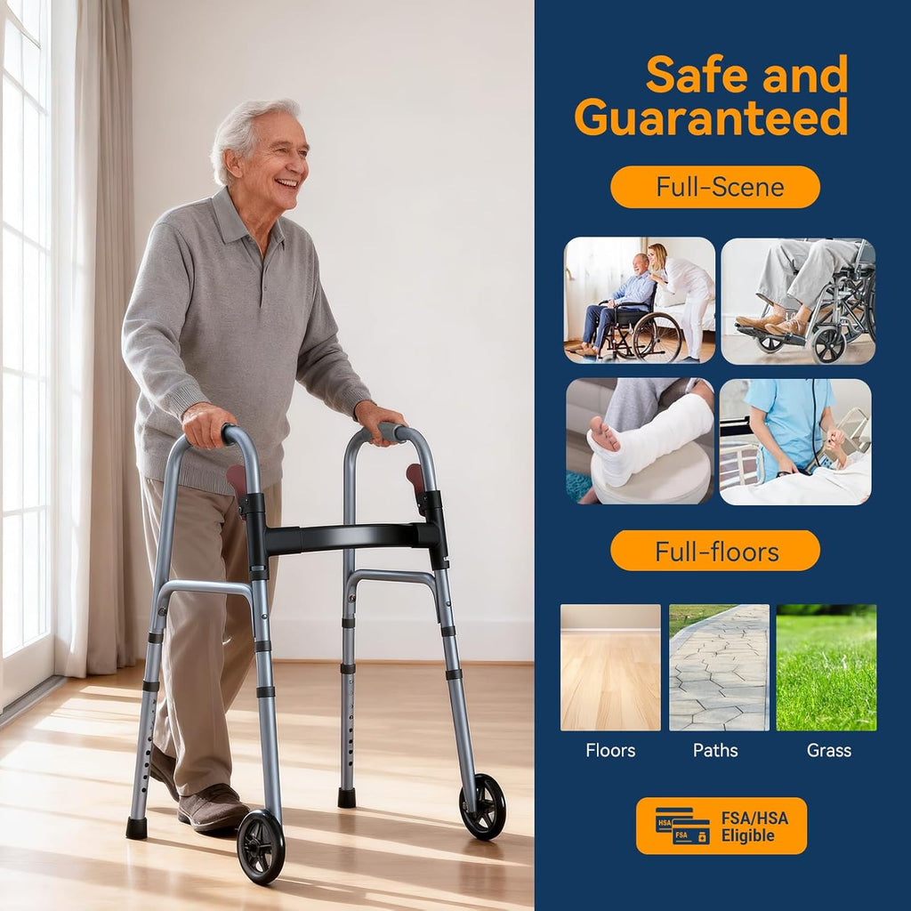 Folding Rolling Walker for Seniors, Height Adjustable, One-Hand Fold, 300 lb

