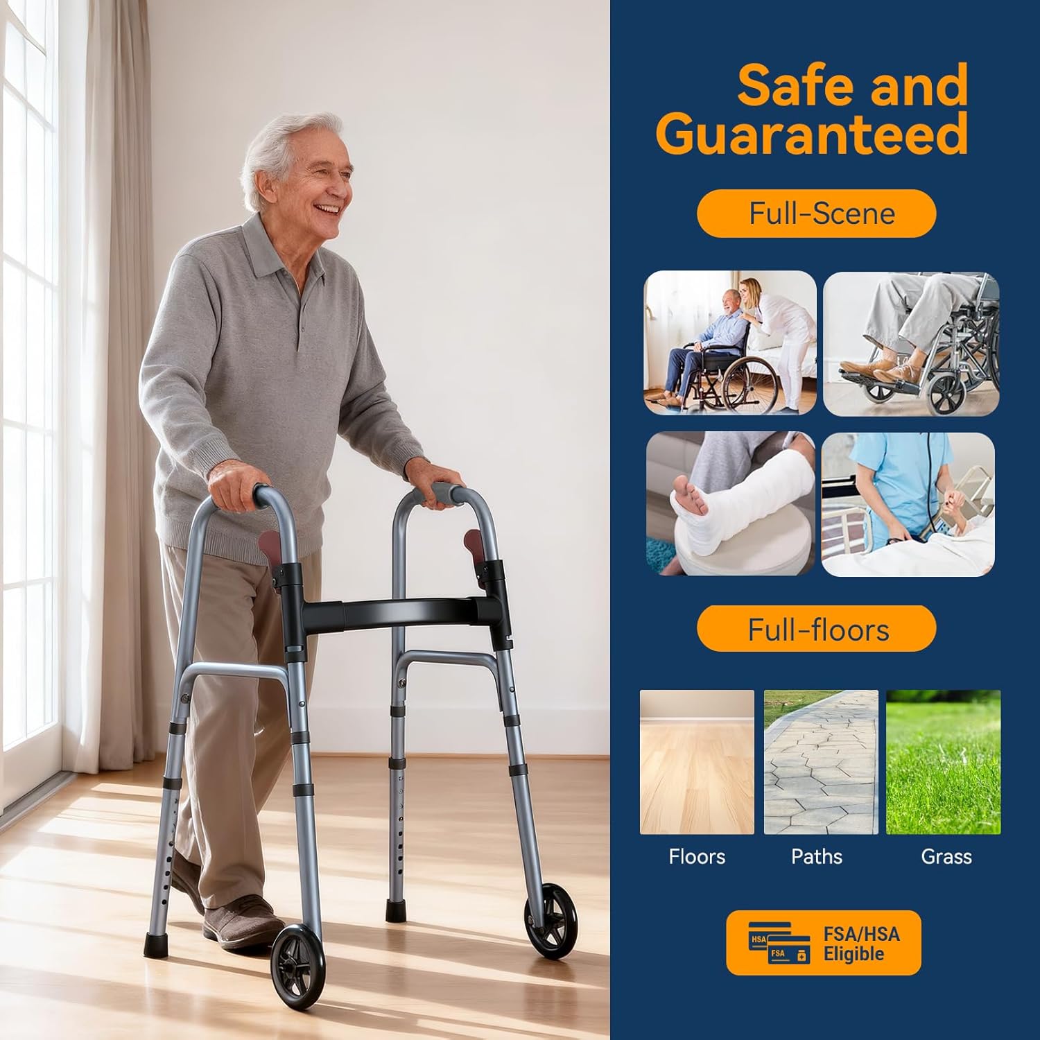 Folding Rolling Walker for Seniors, Height Adjustable, One-Hand Fold, 300 lb

