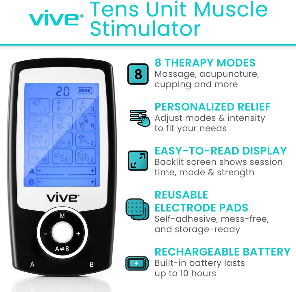 Vive TENS Unit Muscle Stimulator with Self-Sticking Electrode Pads

