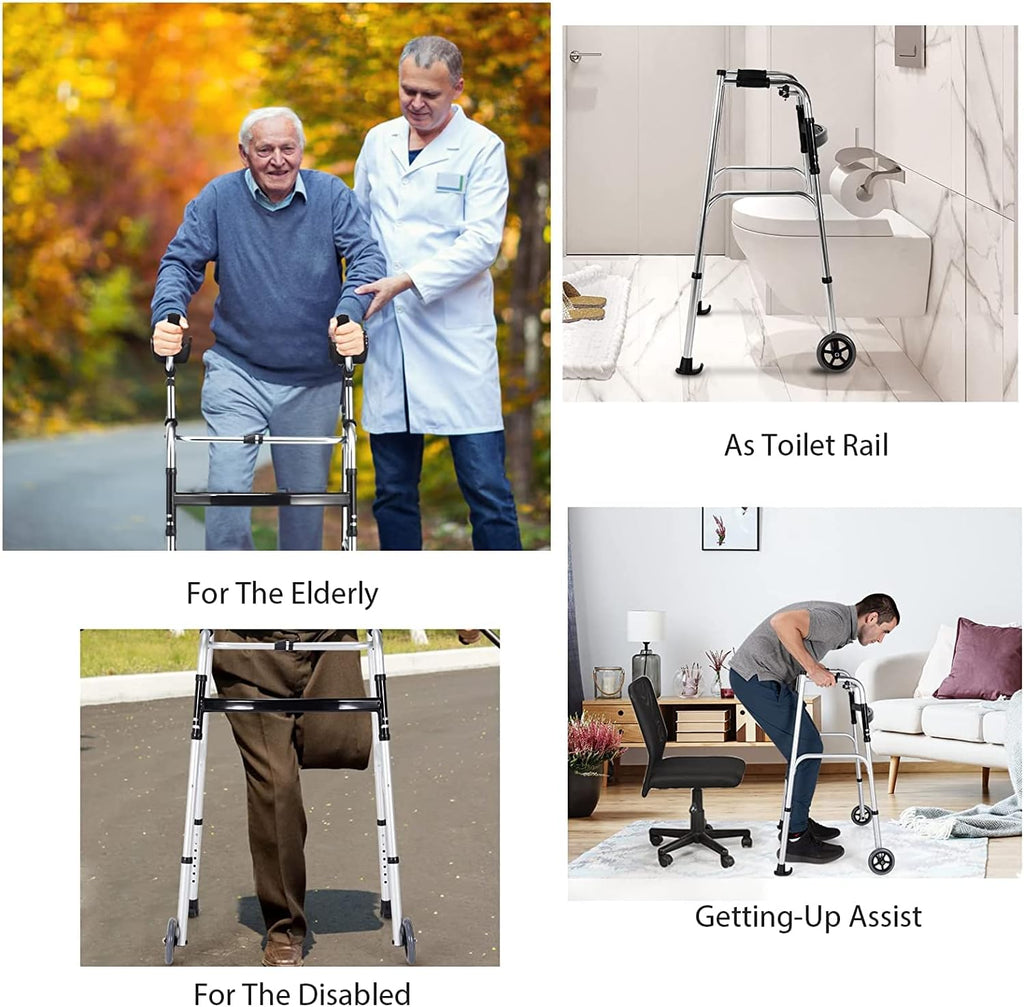 Goplus Folding Walker for Seniors, Lightweight Mobility Aid with Seat and Armrests

