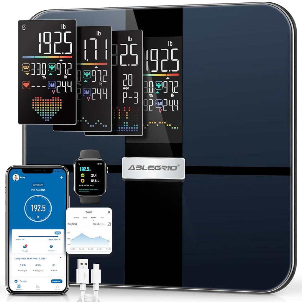 ABLEGRID Rechargeable Smart Body Fat Scale with BMI, Heart Rate, Body Composition, 400 lb

