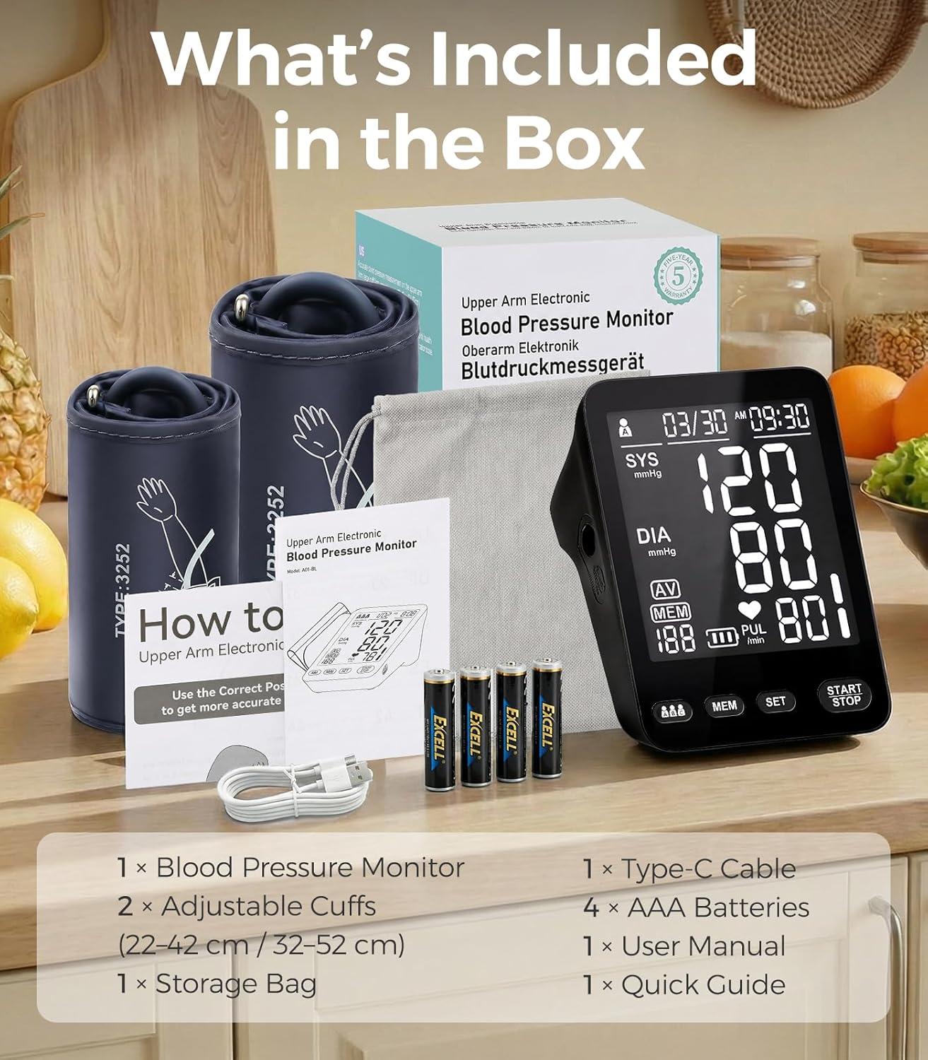 Automatic Upper Arm Blood Pressure Monitor for Home, Backlit LCD, 3 Users Memory

