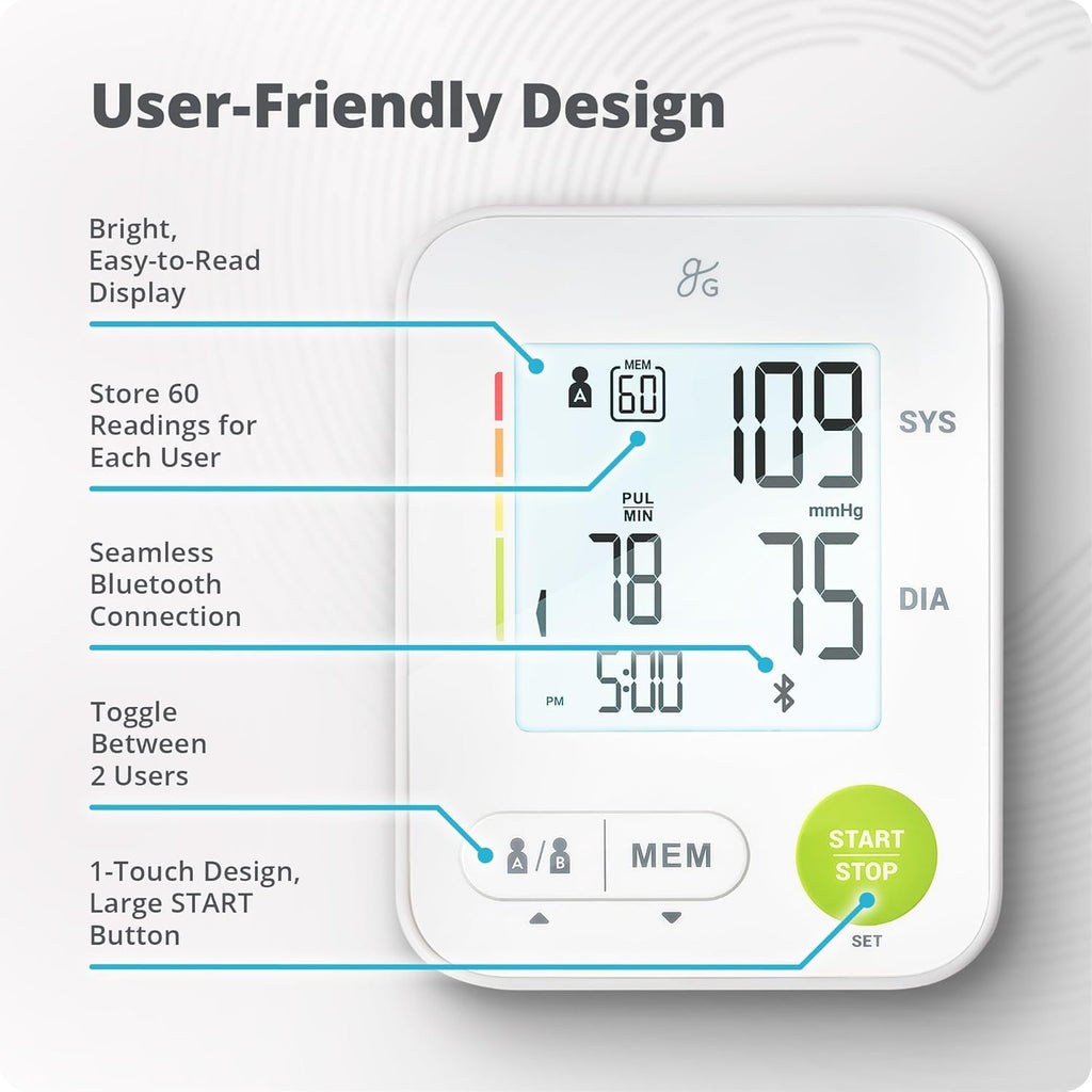 Greater Goods Automatic Bluetooth Upper Arm Blood Pressure Monitor with Wide Cuff 22–42 cm

